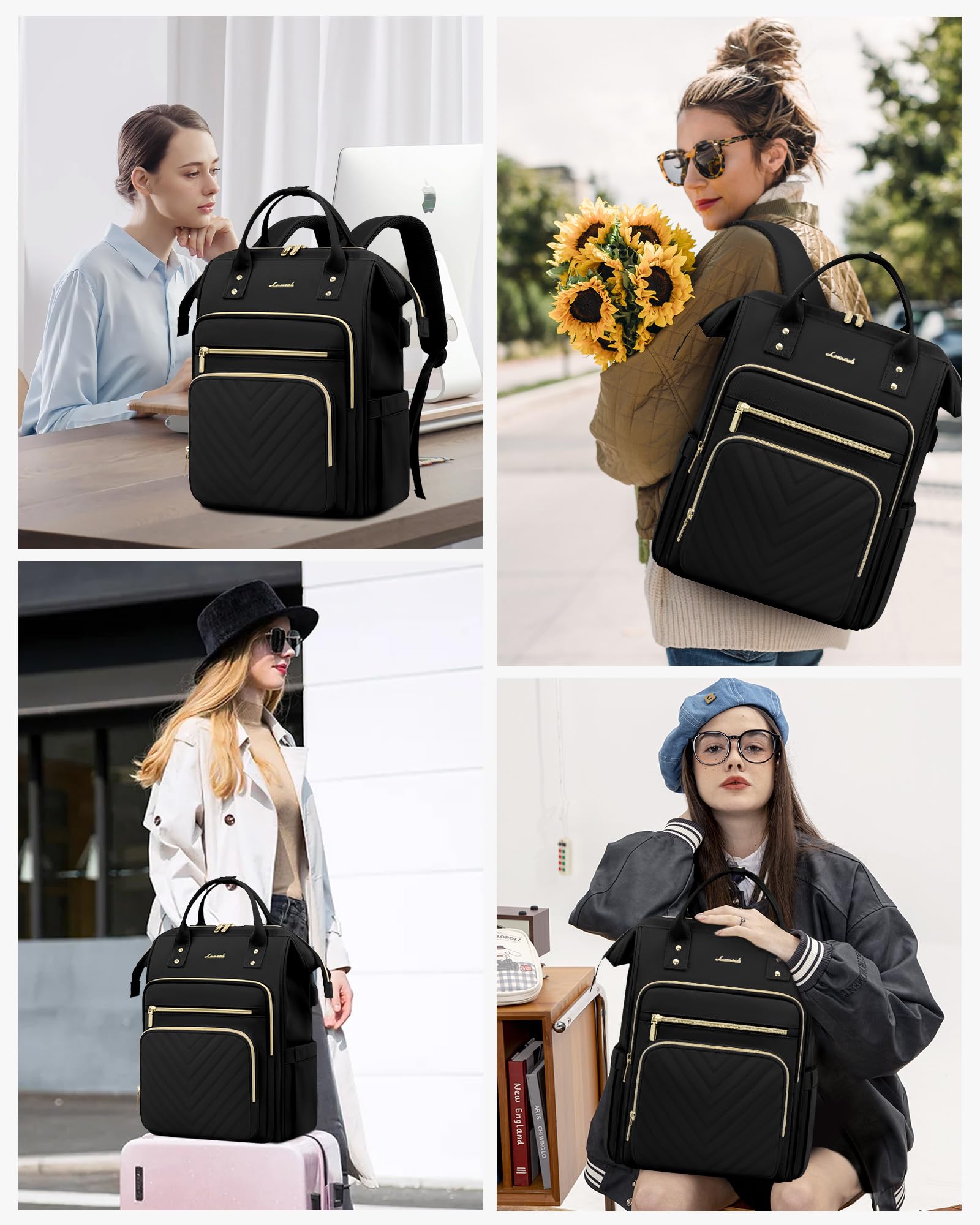LOVEVOOK Rucksack Damen, 15,6 Zoll Laptop Schulrucksack Mädchen Wasserdicht, Elegant Arbeitstasche Lehrertasche Reiserucksack, Schultasche Tagesrucksack Backpack Women für Uni Büro Reise, Schwarz