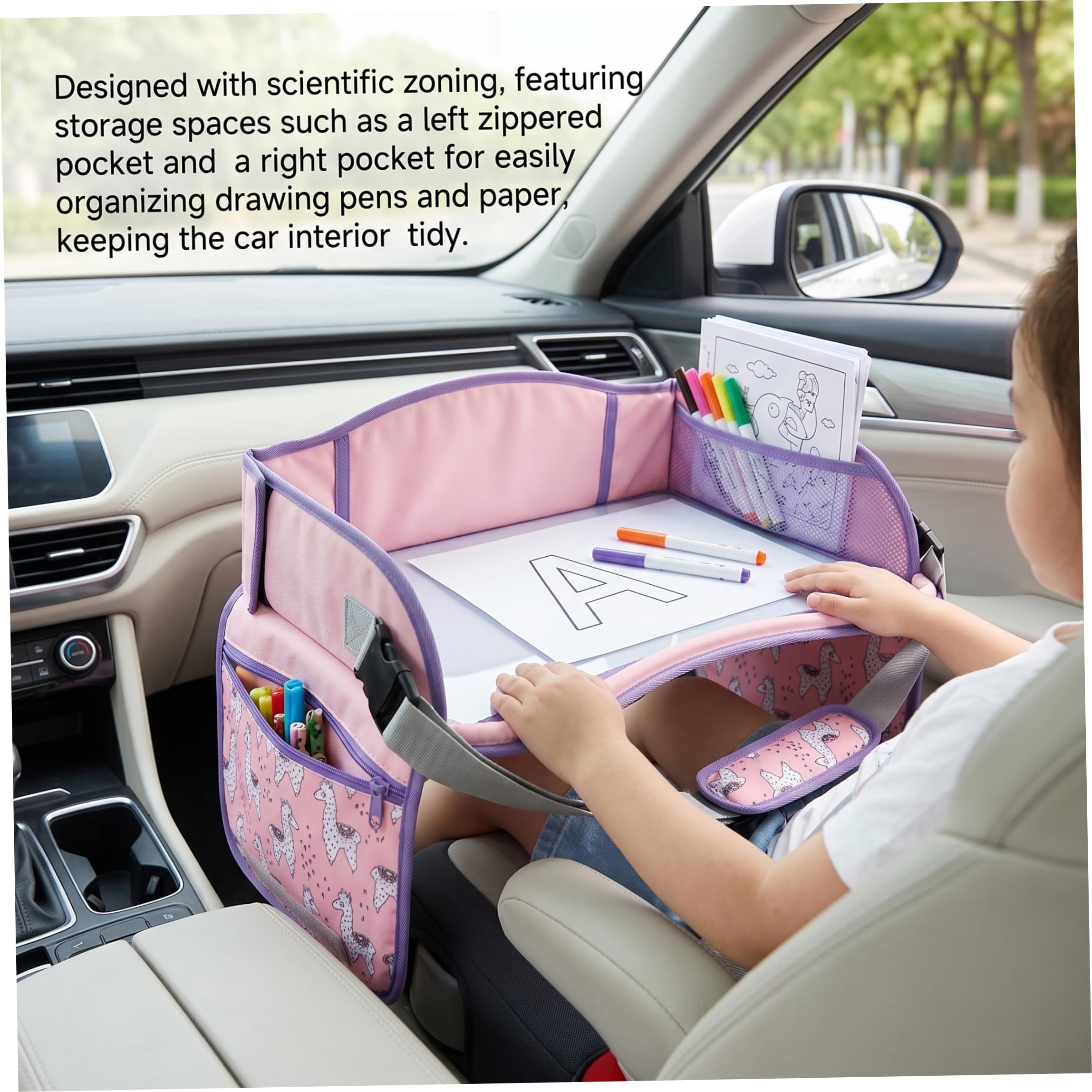 Vassoio da viaggio per seggiolino auto per bambini, Vassoio da viaggio per bambini con cinghie di sicurezza e tasche portaoggetti, seggiolino auto per disegno e intrattenimento in movimento, scrivani