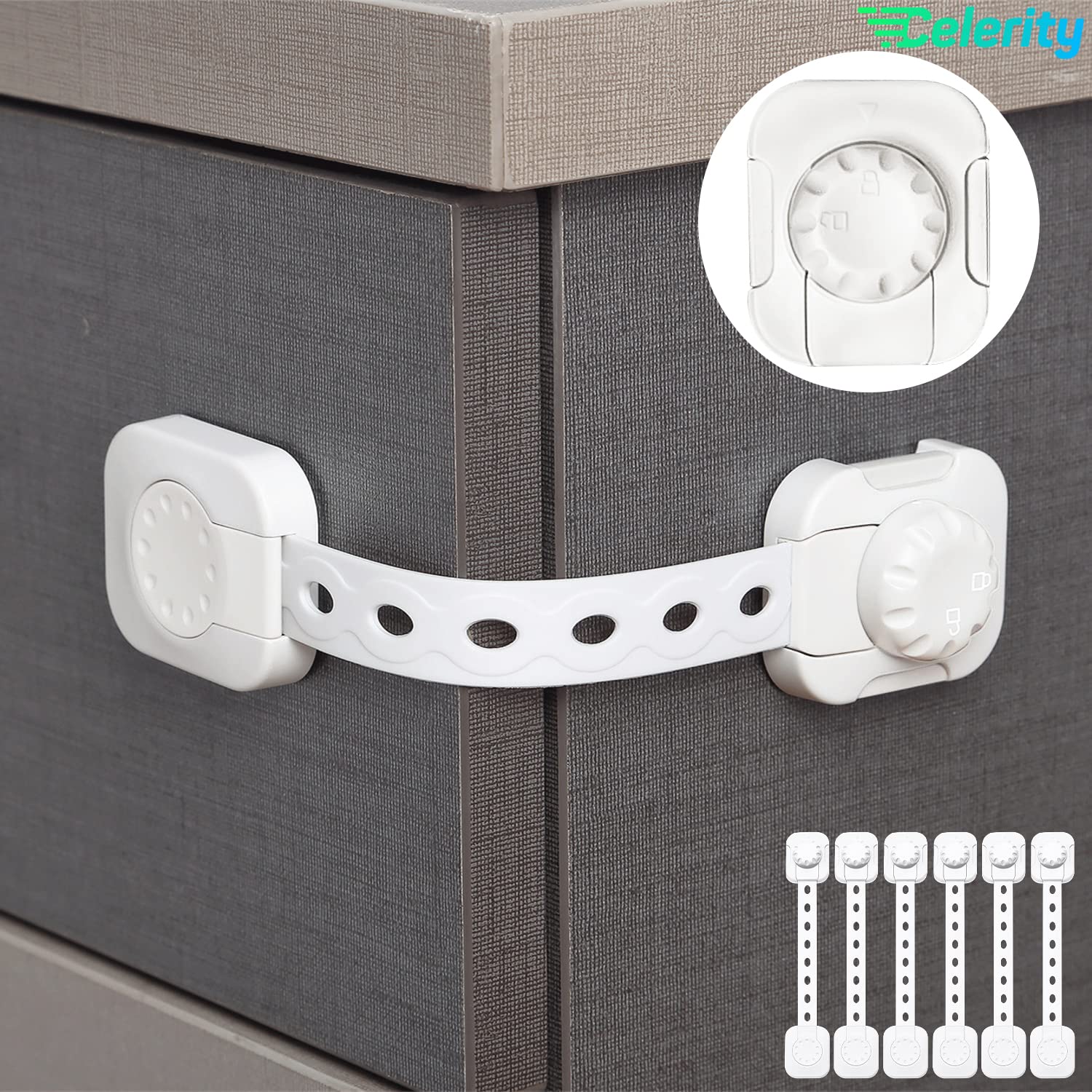 Celerity Child Safety Latches Locks with 3M Adhesive-Pack of 06- to Baby Proofing Lock Cabinets, Drawers, Fridge, Toilet and Refrigerator, Drill Free Dual Action Length Adjustable Strap Safety