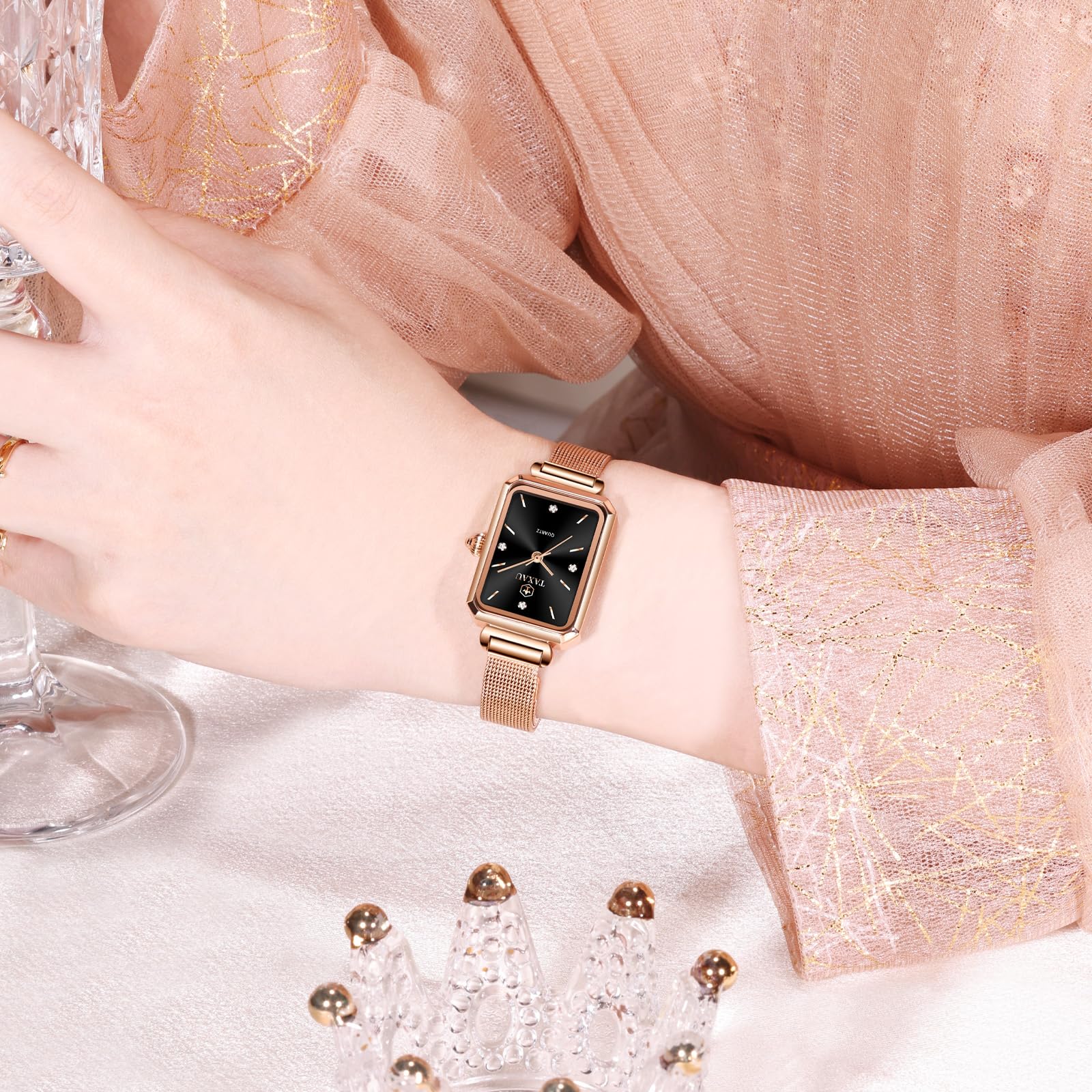 Taxau Rose Gold Square Watches for Women Luxury Diamond Women Watch Analog Quartz Stainless Steel Women's Wrist Watches Waterproof Business Dress with Black Face Casual Ladies Watch