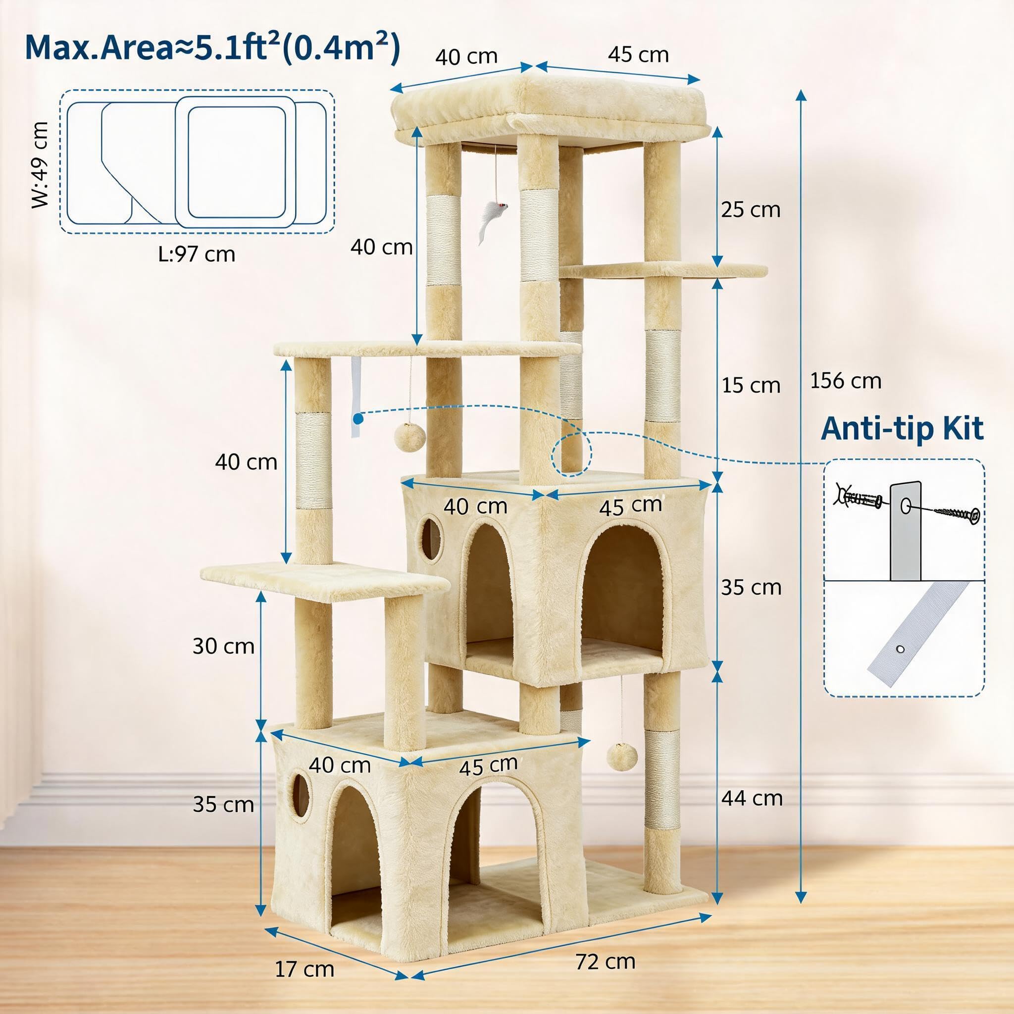 Albero Tiragraffi per Gatti, 72x45x156cm, Torre Multi-livello con Piattaforma Extra-large, Condomini Spaziosi, Pali Robusti in Sisal Naturale, Area Giochi per Maine Coon - Beige