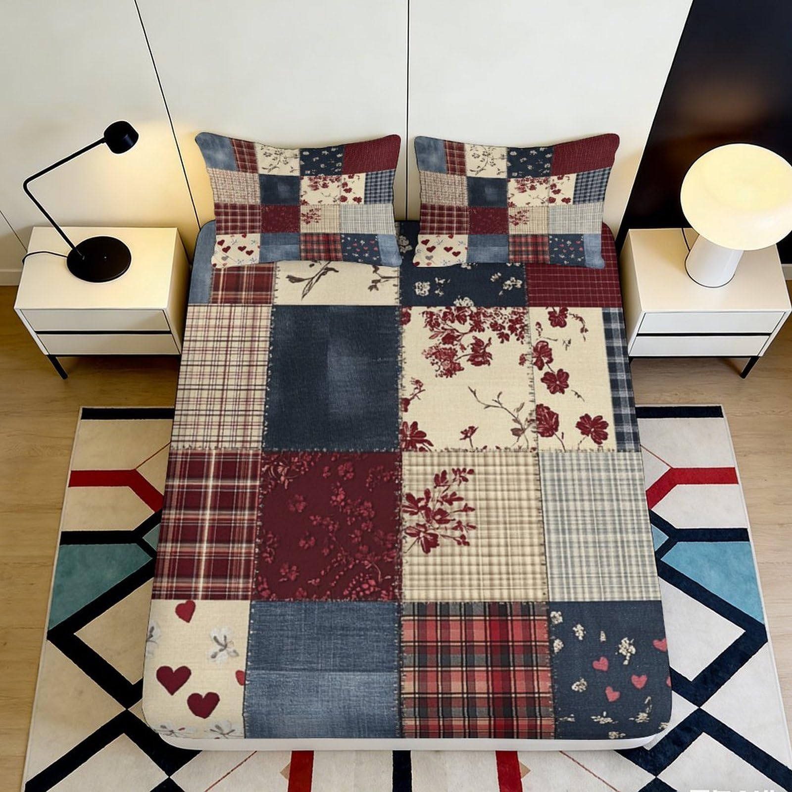 3D Printed Patchwork Pattern Fitted Sheet Microfiber Soft Durable Floral Plaid Bed Cover for Bedroom Dormitory Guest Room Mattress Protection 120x200x25cm