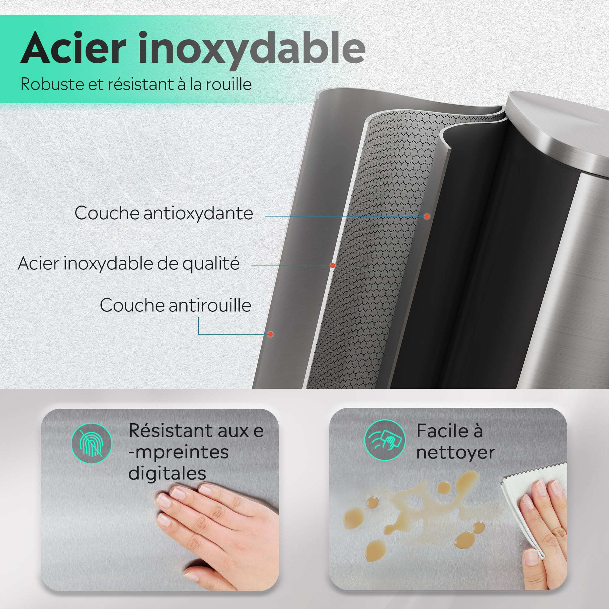 WLIVE Poubelle de Cuisine 50L en Acier Inoxydable, avec Couvercle à Fermeture Douce et Seau Intérieur Amovible, Pédale Mains Libres pour Maison, Buanderie, Bureau, Argent