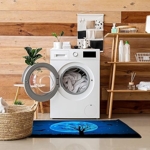 Miniatura 6 de TsyTma Alfombra de cocina antideslizante azul de murciélagos voladores, alfombra de cocina para Halloween, árbol aterrador, alfombra para decoración