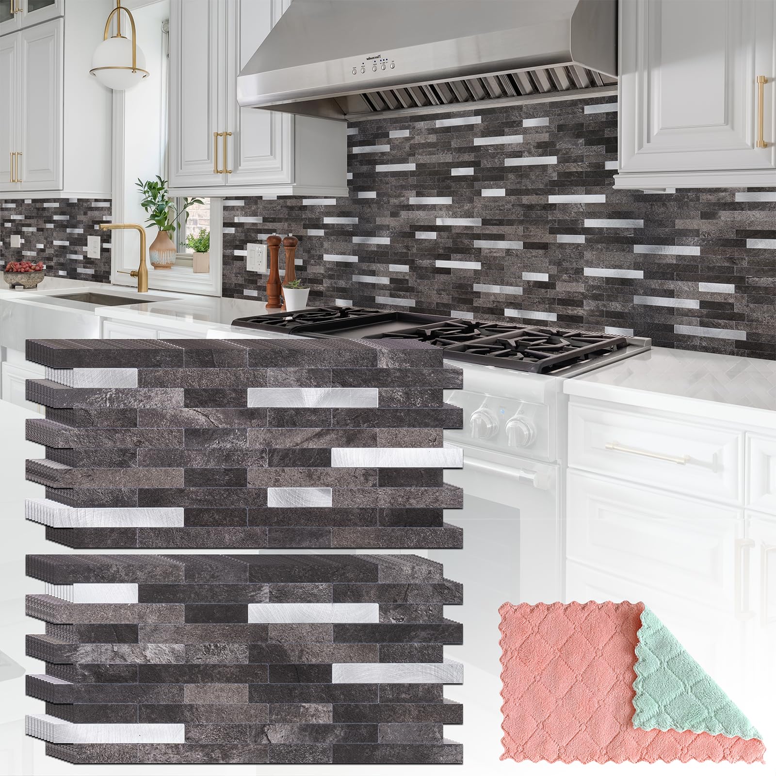 20 Sheets Peel and Stick Backsplash for Kitchen, Dark Grey with Metal Silver Look Stick on Tile Upgrade Your Kitchen Backsplash, RV, Fireplace