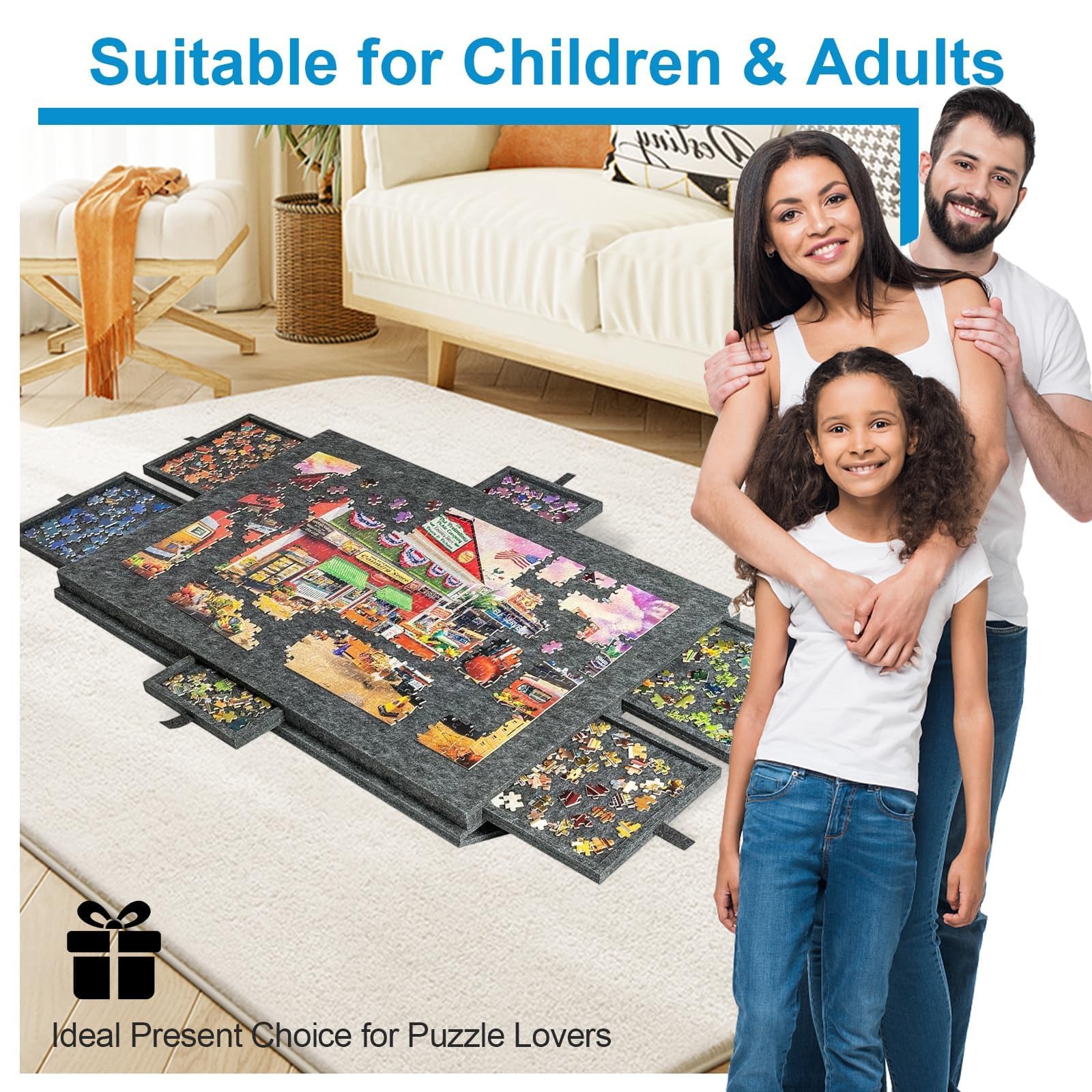 1000 szt. Tablica do układania puzzli - składany, uchylny stół do układania puzzli z zaprojektowaną podstawą i pokrywą 2 w 1 Lekki filcowy futerał do przechowywania z 6 szufladami Przenoś Light-Camel
