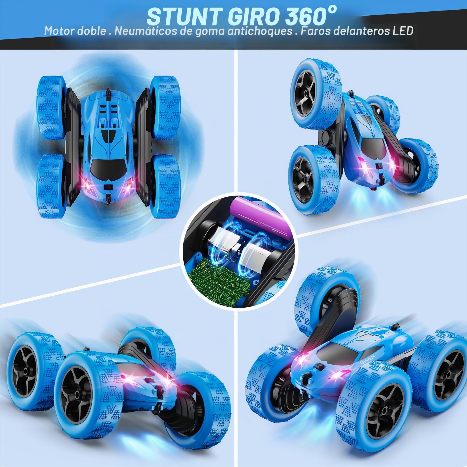 QUNREDA Coche Teledirigido, Coche RC de Juguete para Niños 6-12 Años, 4WD de Acrobacias con Luces LED, Giros 360°, 2,4 GHz, Baterías USB-C Modulares, Regalo de Cumpleaños para Niños, Azul