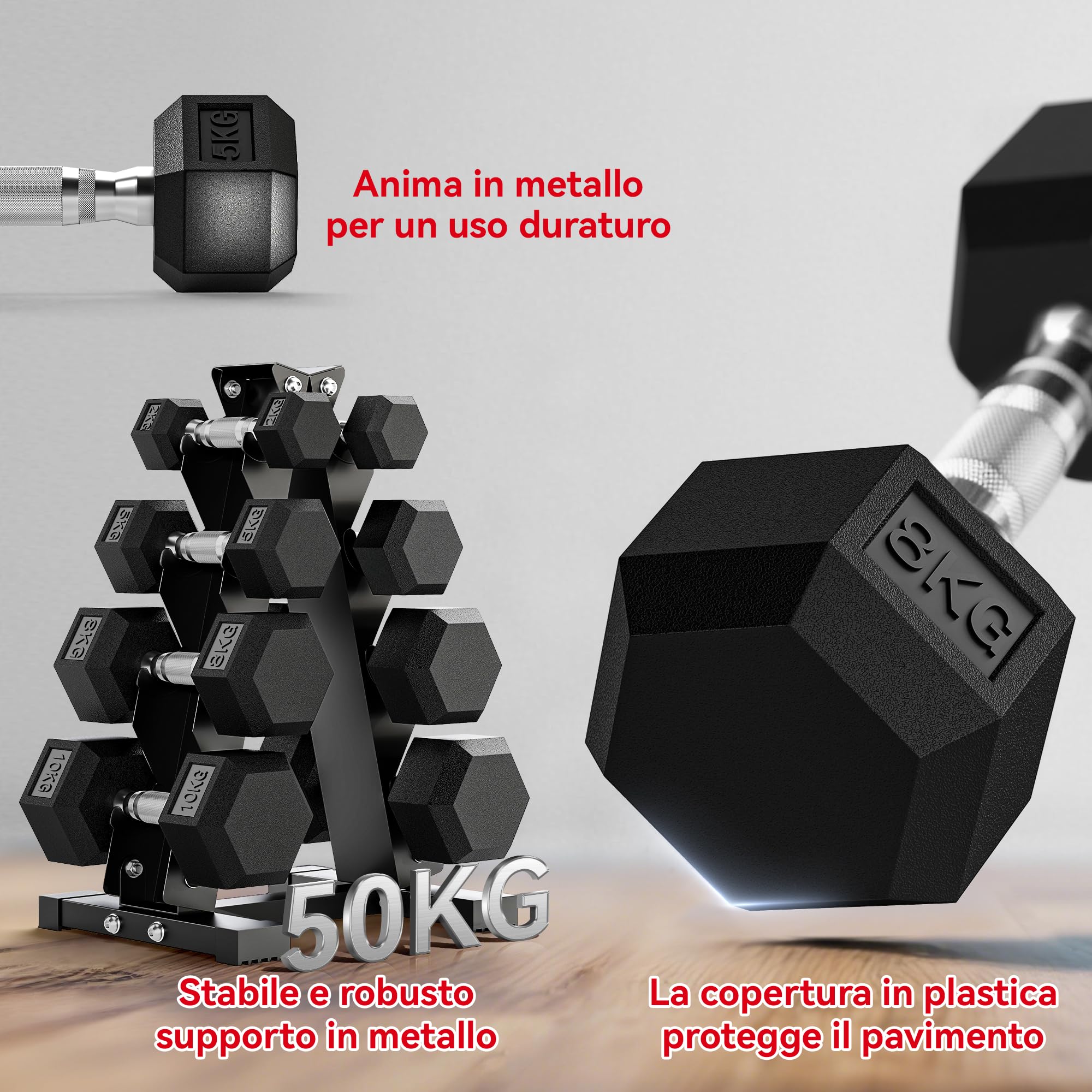 SPORTNOW Set di Manubri da Palestra con Supporto 2x2kg Esagonali Nero | 2x5kg, 2x8kg, 2x10kg, Manubri per Palestra, Ghisa e Gomma, Impugnatura Antiscivolo, Allenamento Fitness Casa