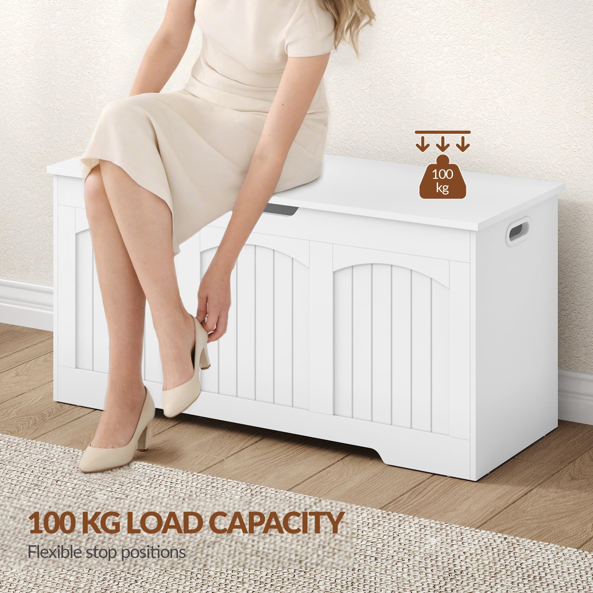Puff Almacenaje, Baul Almacenaje Dormitorio, Banco de Seguridad y Asas Laterales Ahuecadas, para el Recibidor, el Dormitorio, 100 x 40 x 48 cm, Blanco FFXD103PW1