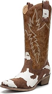 Cow Print Cowboy Boots for Women, Knee-High Western Cowgirl Boots with Pointed Toe and Low Heel