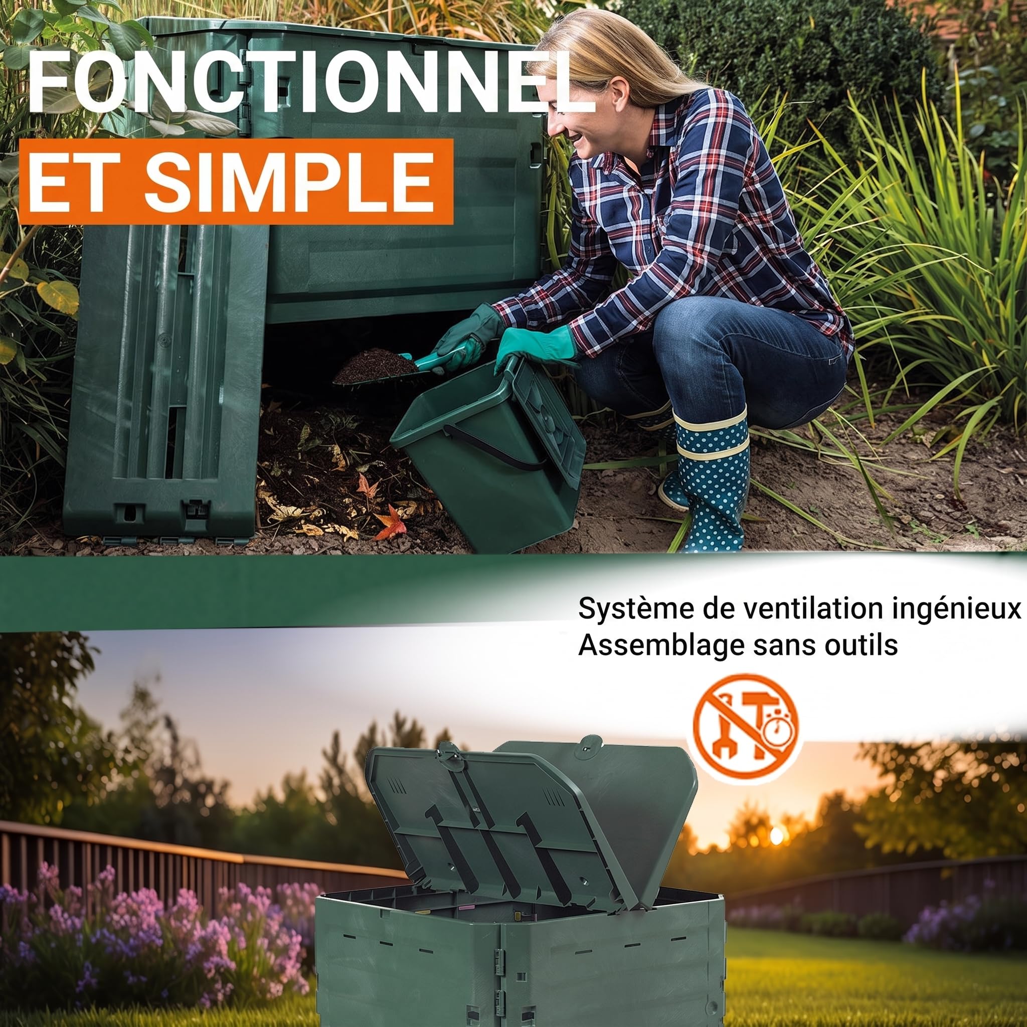 GARANTIA Thermo-King Composteur de Jardin 900L Vert – Bac à Compost extérieur Robuste – Composteur Grande capacité pour déchets organiques – Bacs à Compost Pratiques pour Potager et Jardin
