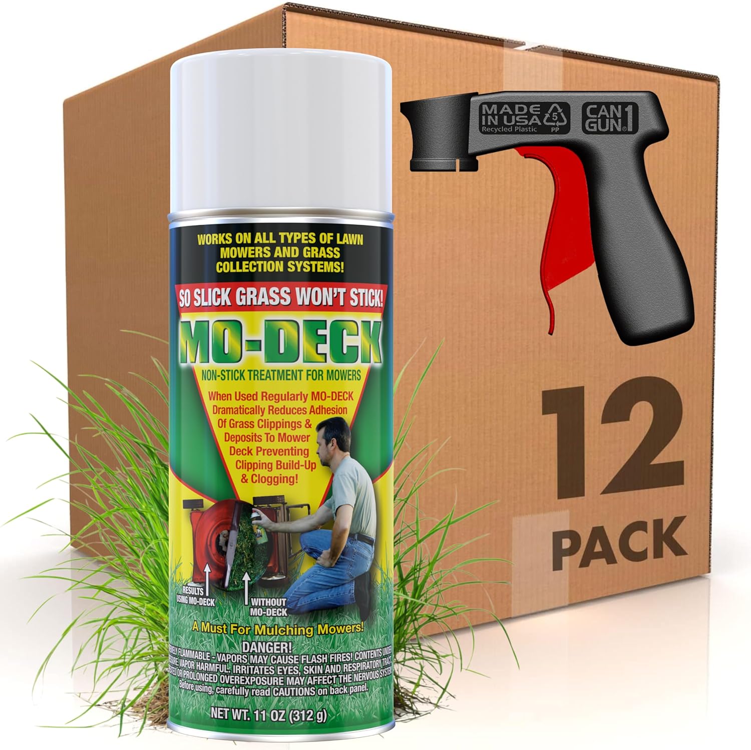 Mo Deck Lawn Mower Non-Stick Spray 11 Oz Aerosol (Case of 12) w/ CanGun1 Included - Universal Spray for Lawn Mowers and Equipment