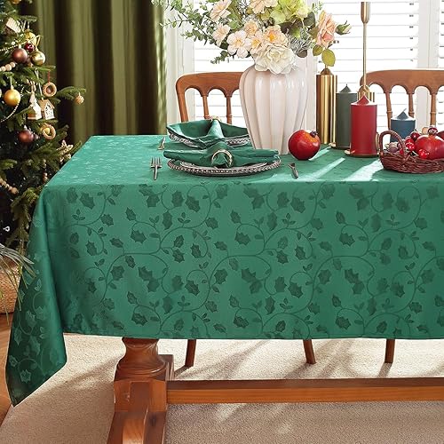 SASTYBALE Manteles de Navidad para mesas rectangulares, mantel de jacquard a prueba de derrames, con hojas de bayas de acebo, mantel pesado para