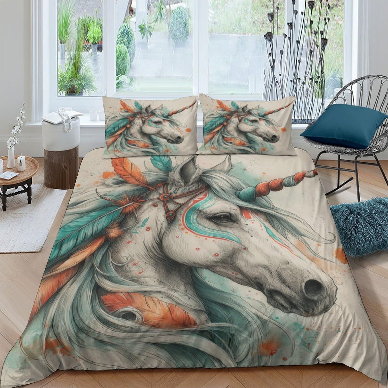 GPLZQXKJNH 3D Printed Unicorn Fantasy Duvet Cover Microfiber Breathable Dreamy Horse Bedding Set with 2 Pillowcases for Bedroom Decor Single（135x200cm）