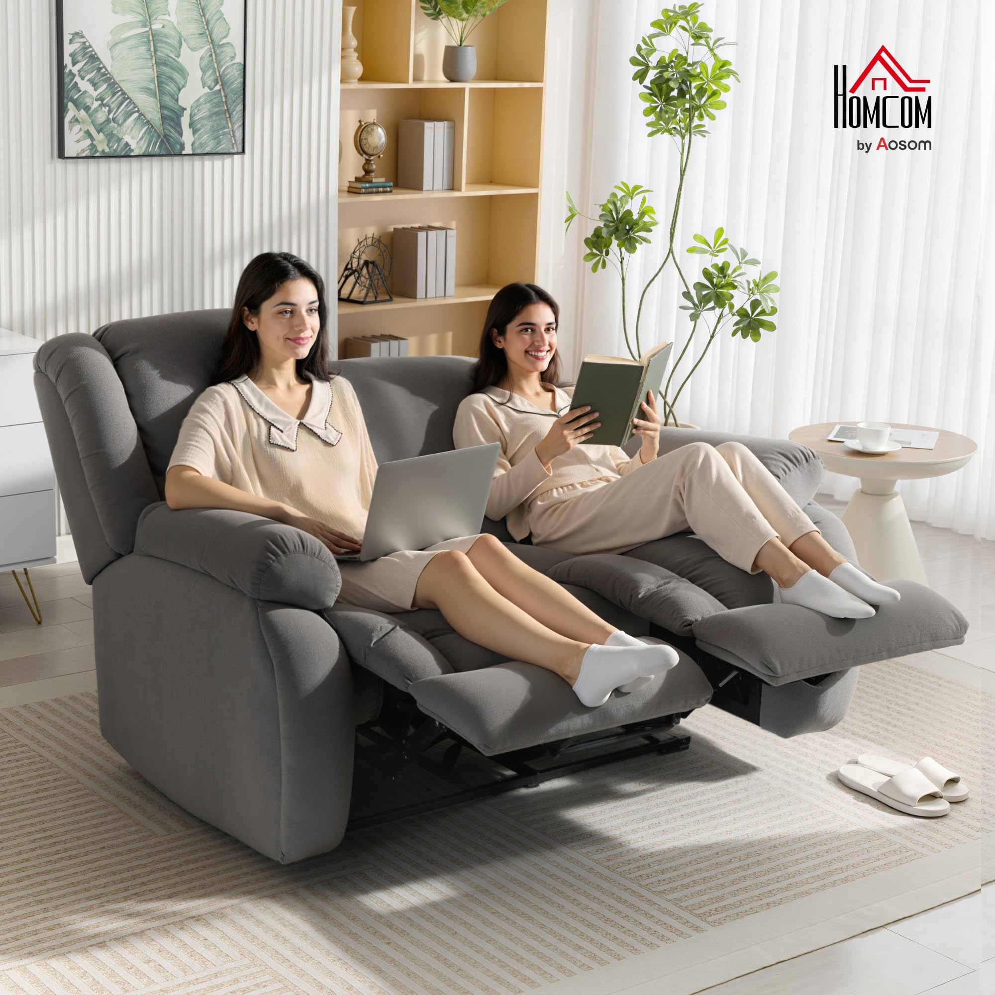 HOMCOM Sillón 2 Plazas Relax Reclinable Manual, Ajuste Separado, Sillón Relax Tapizado en Terciopelo, Reposapiés Ajustable, Asiento Amplio, Muelles, Acolchado Grueso, Sofá Reclinable hasta 135º, Gris