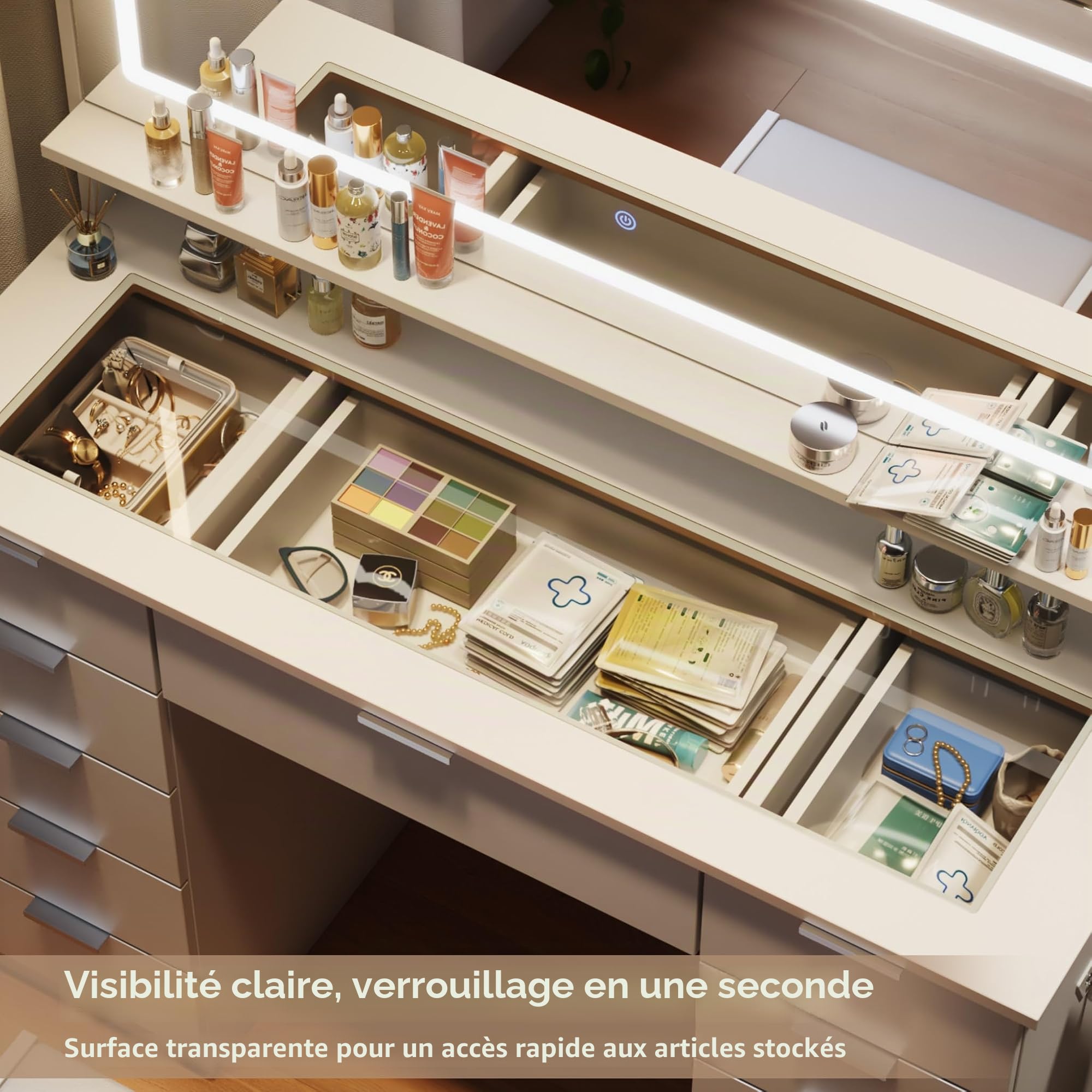 Mondeer Coiffeuse avec Miroir et Tabouret, LED Maquillage Luminosité Réglable avec Plateau en Verre et 11 Tiroirs, Coiffeuse Moderne avec Prise, pour Chambre à Coucher, Blanc