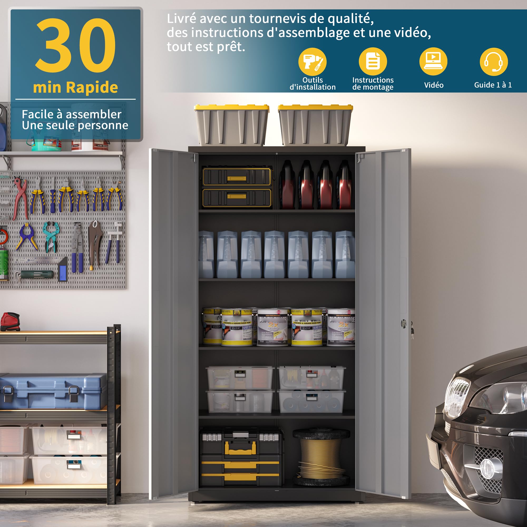 Armoire de Rangement en Métal, de Garage verrouillable avec 5 Étagères, Armoire de Bureau avec étagères Réglables, pour Le Bureau, Le Garage et la Buanderie, Noir Argent
