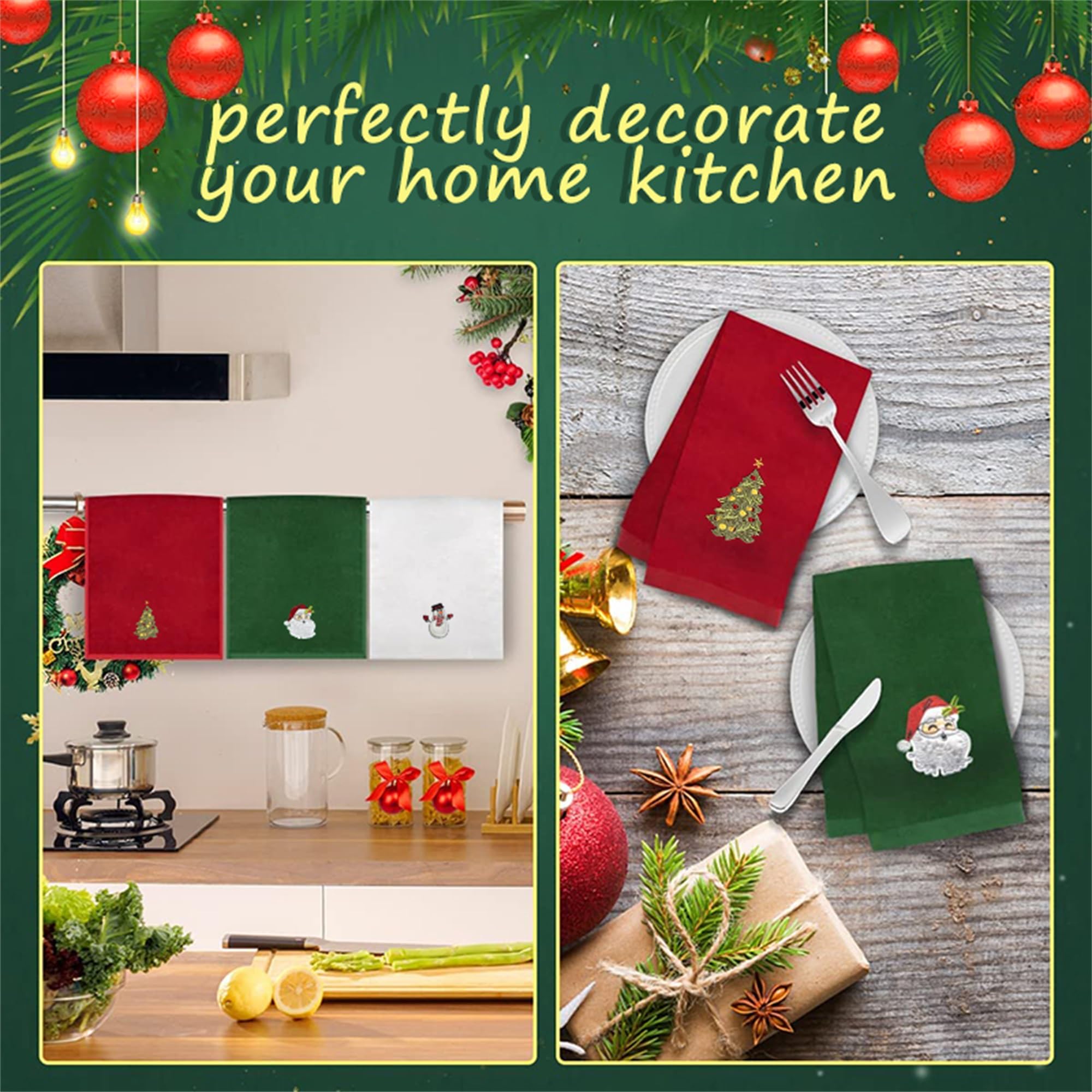 LSFYSZD Set of 3 Hand Towels for Kitchen and Bathroom 12x18in Cotton Embroidered Dish Towels Christmas Theme Decorative Towels Gift (Red White Green - Image 3