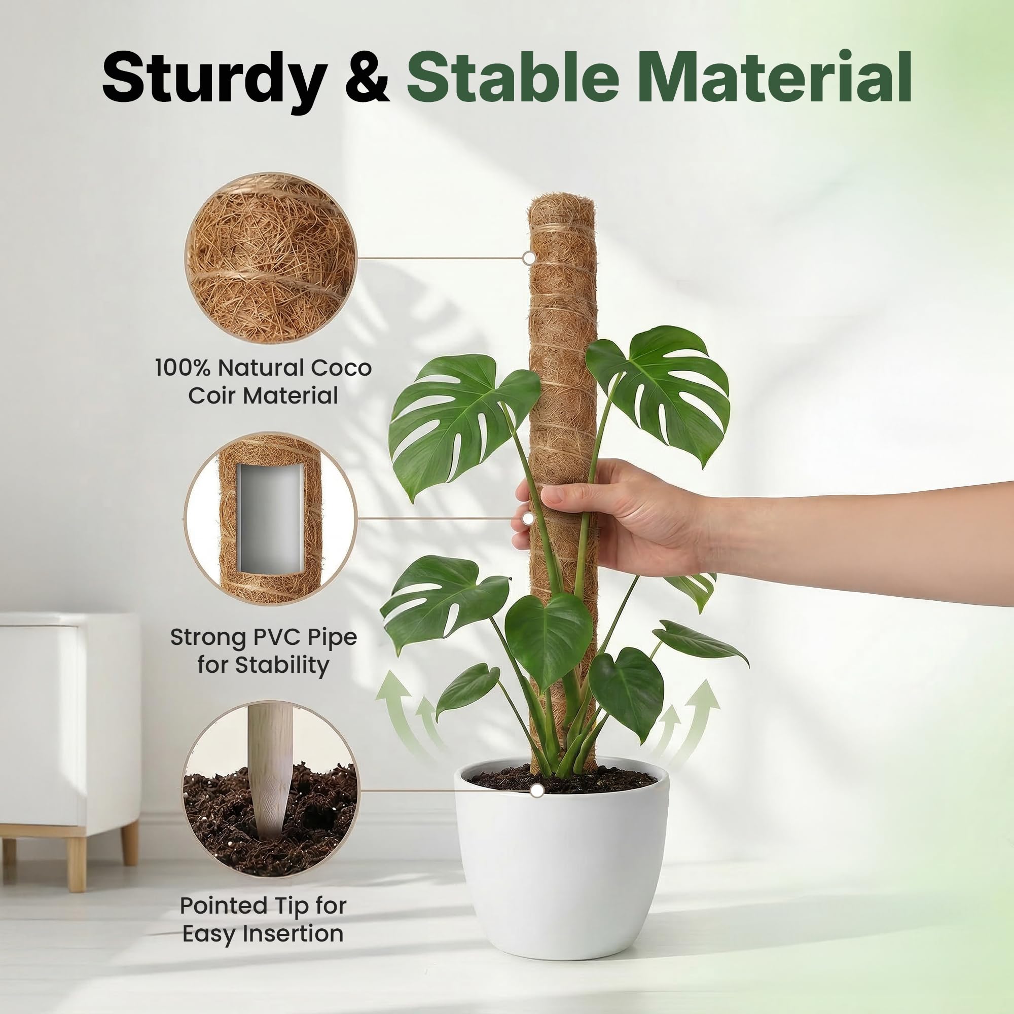 Paquete de 4 soportes para plantas Monstera de 16 pulgadas, apilables hasta 48 pulgadas, estacas para plantas trepadoras de interior en maceta, palos de coco altos y accesorios para Monstera, Pothos y