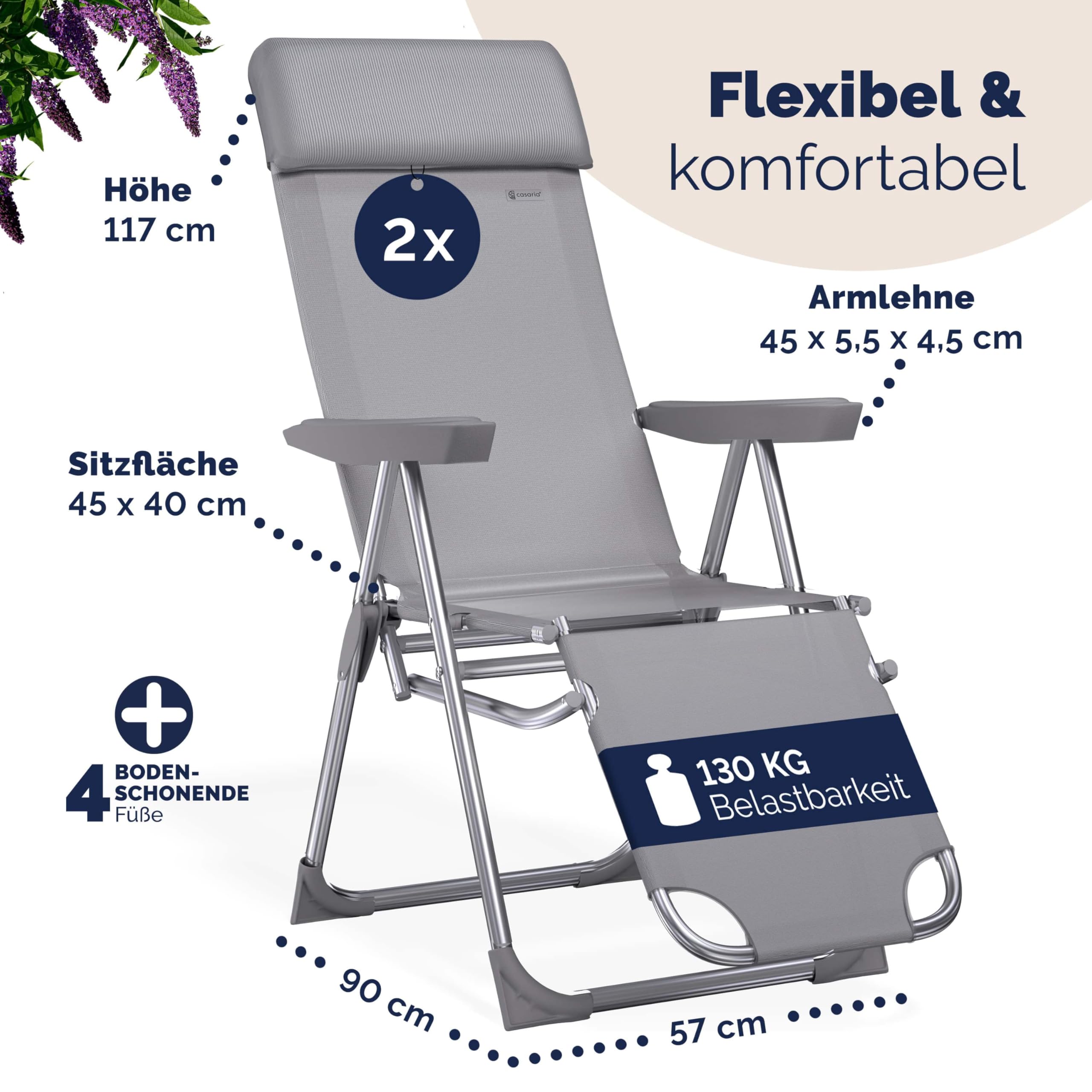 Casaria® Gartenstuhl mit Fußteil 2er Set 6fach Verstellbar Liegefunktion Alu Faltbar Klappbar Hohe Rückenlehne Campingstuhl Klappstuhl Hochlehner Grau