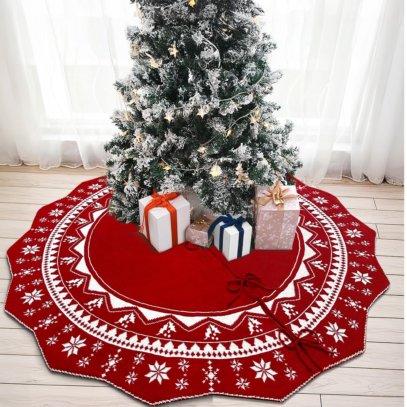 Jupe de sapin de Noël en tricot double face avec motifs flocons de neige - Grande jupe de sapin de Noël rustique pour décorations de sapin de Noël - 183 cm