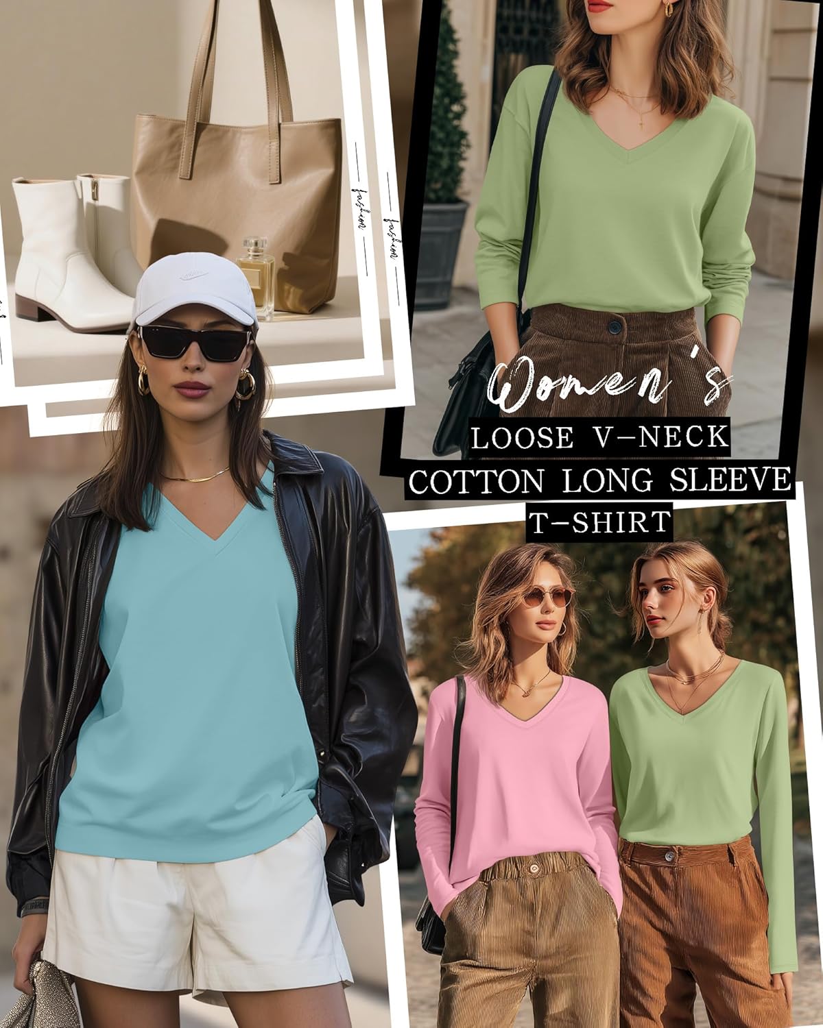 Ficerd 3 Pack Women's Long Sleeve Shirts, V Neck Cotton Blend Tops Loose Fit Casual T-Shirts Curved Hem Basic Layering Tees - Image 3