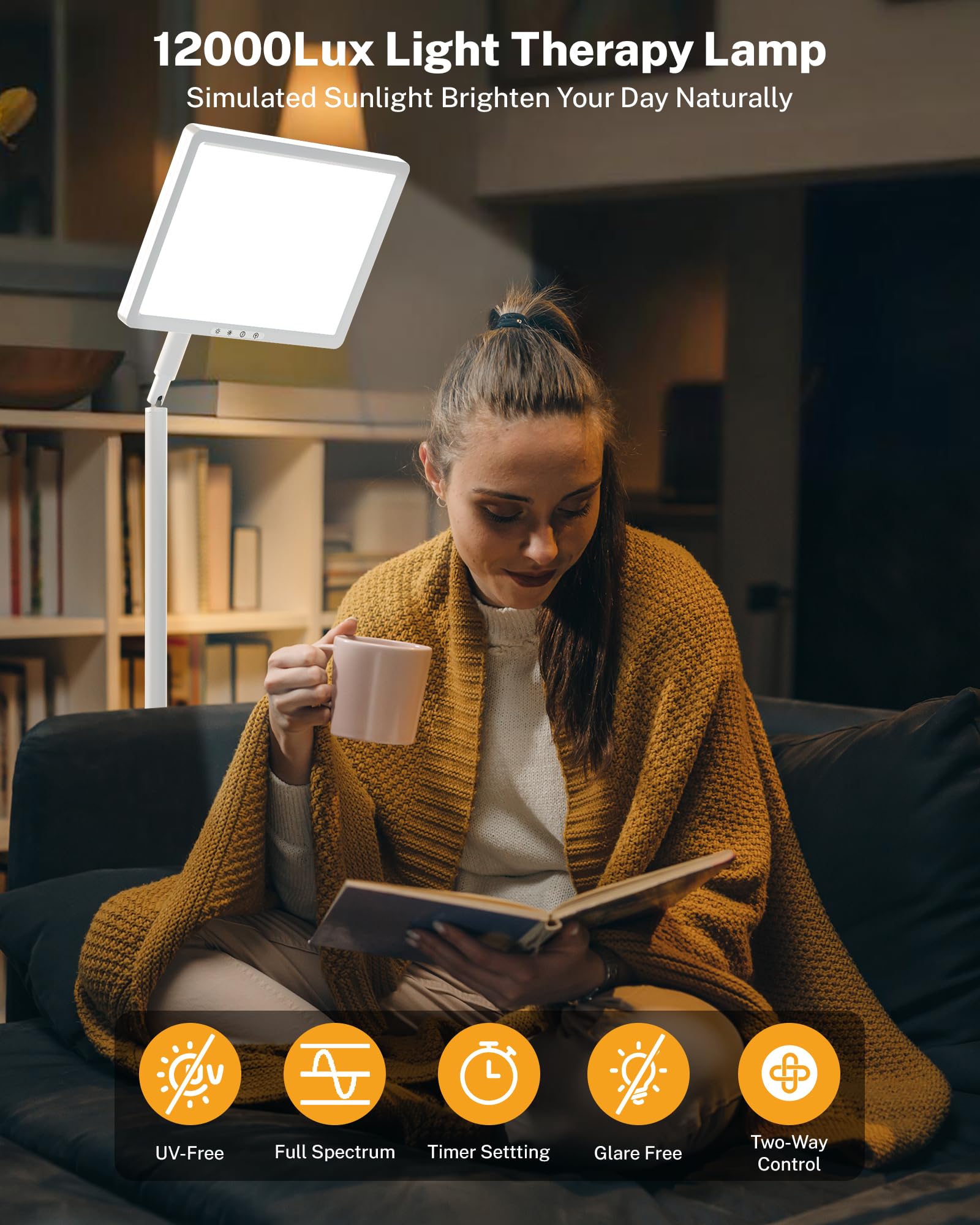 Lampe de luminothérapie 12 000 lux, sans UV, lampe de thérapie au sol à spectre complet, lampe solaire LED 4 en 1, 10 niveaux de luminosité, 5 modes de couleur, télécommande et