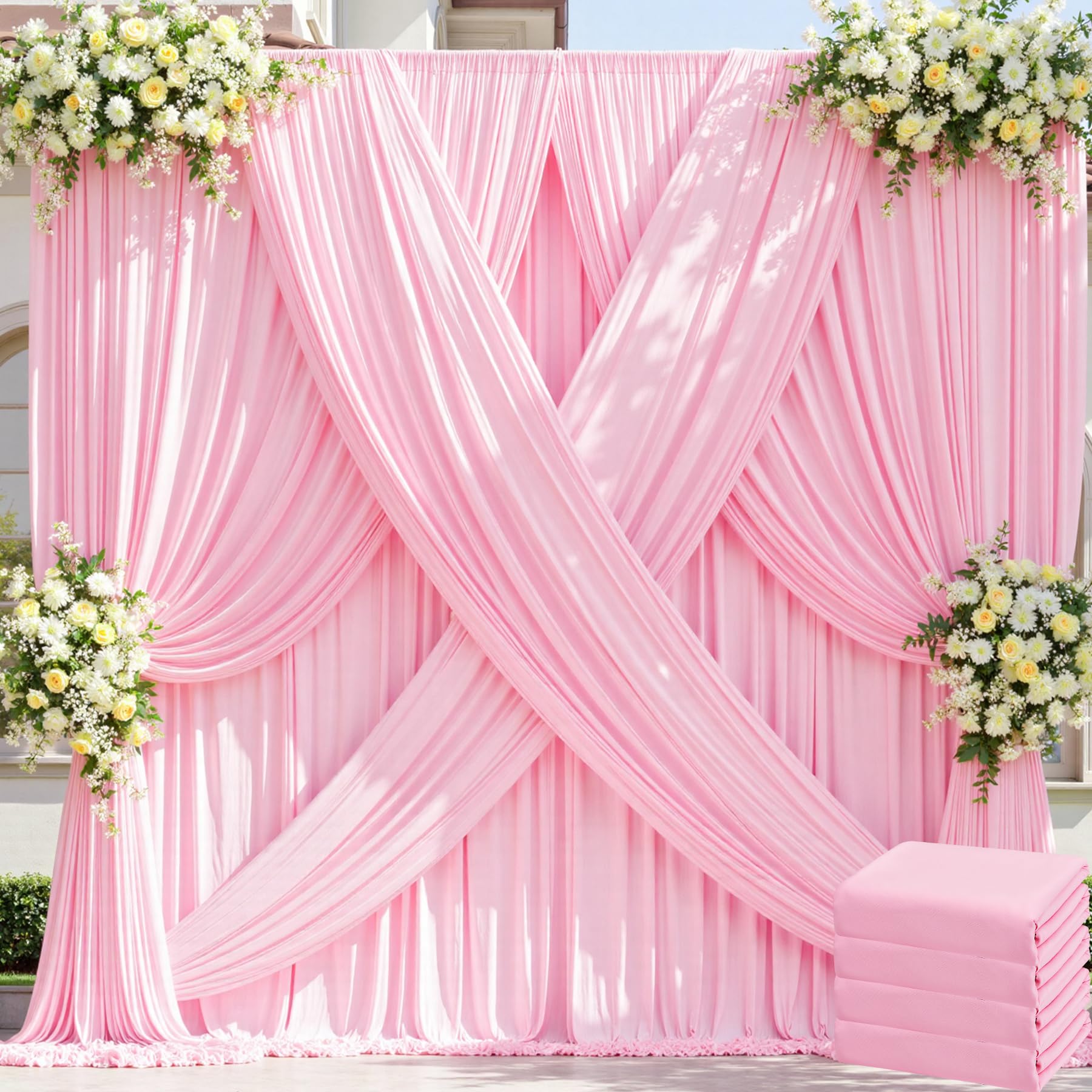 20ft x 8ft Wrinkle Free Pink Backdrop Curtain for Parties, 4 Panels 5×8ft Silky Polyester Light Pink Photo Backdrop Drapes Back Drop Cloth for Girl