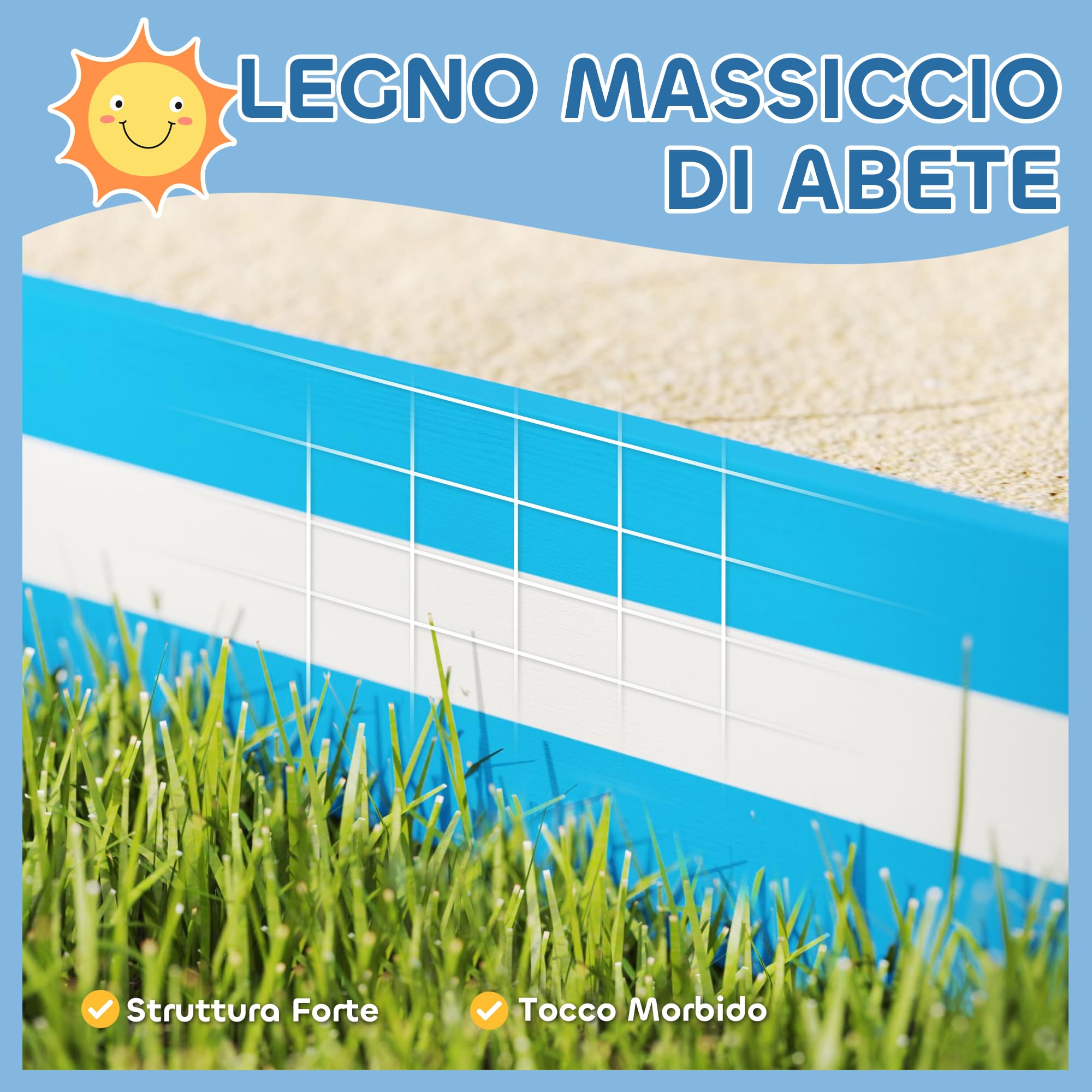 AIYAPLAY Sabbiera per Bambini con 4 Sedute Angolari, Sabbionaia in Legno con Fondo Aperto, Età 3-6 Anni, 133x133x16 cm, Blu e Bianco