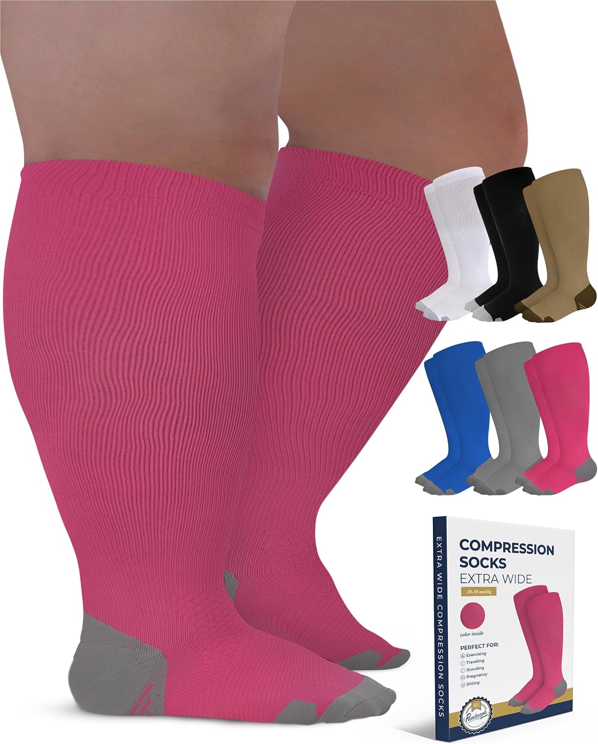 Pembrook Plus Size Compression Socks Wide Calf Up to 6XL Pink Wide Calf