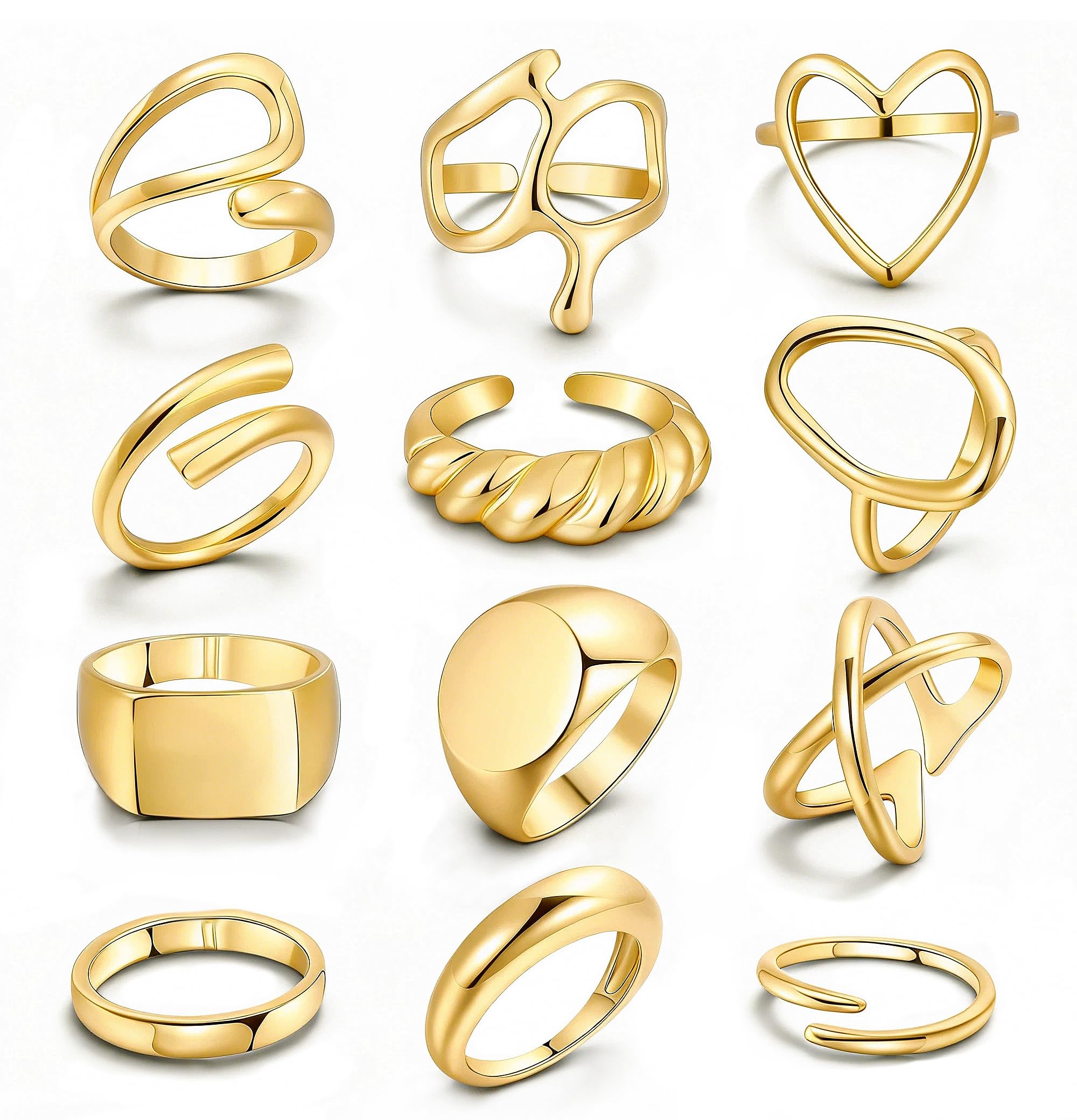 FAXHION 10PCS 18K Gold Chunky Rings for Women Girls, Gold Plated Twisted Rings Set Pack Stackable Knuckle Midi Rings Adjustable Open Ring Band Statement Jewelry, Non-Precious Metal