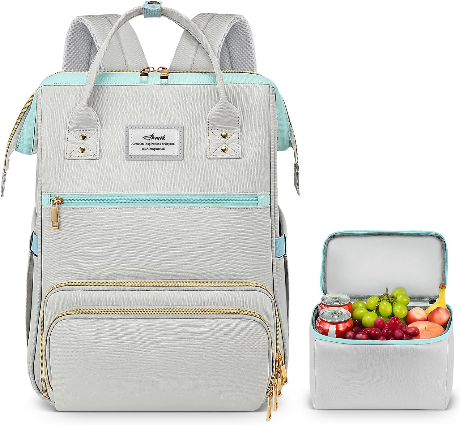 ETRONIK Lunch Backpack, 15.6 Inch Laptop Backpack, Stylish Nurse Teacher Work Bag with Insulated Cooler Lunch Box for Women Men, College Backpack for Travel, Grey Blue