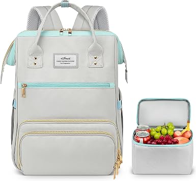 Lunch Backpack, 15.6 Inch Laptop Backpack, Stylish Nurse Teacher Work Bag with Insulated Cooler Lunch Box for Women Men, College Backpack for Travel, Grey Blue