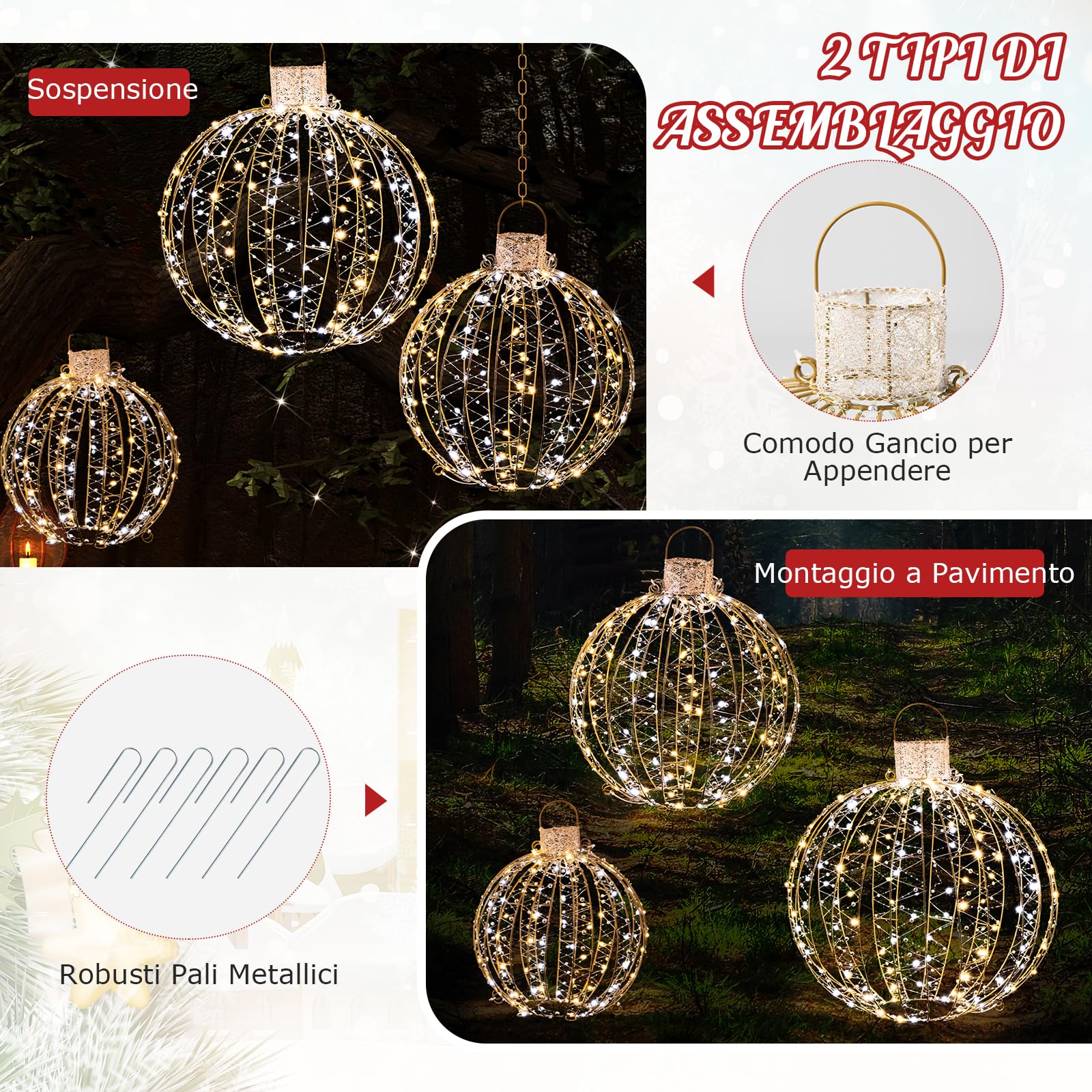 GYMAX Set di 3 Palle Luminose Natalizie a LED, Luce a Sfera da Appendere con 30 Fascette e 6 Picchetti, Globi Luminosi con Struttura in Ferro per Alberi, Prati e Giardini da Interno ed Esterno