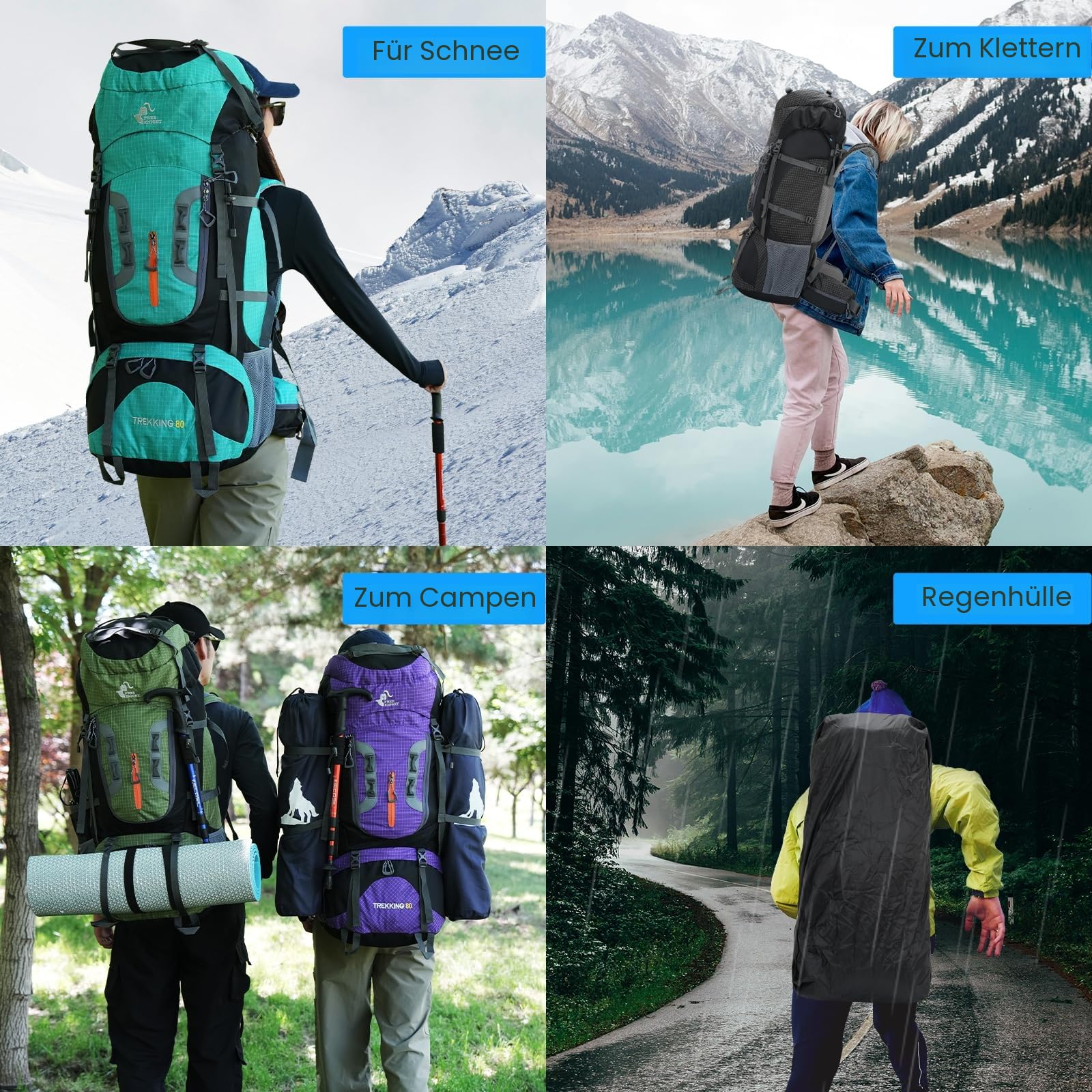 Bseash 80L Wasserdichter Wanderrucksack mit Regenschutz, leichter Outdoor-Sport, Reisen, Tagesrucksack für Klettern, Touren (Schwarz)