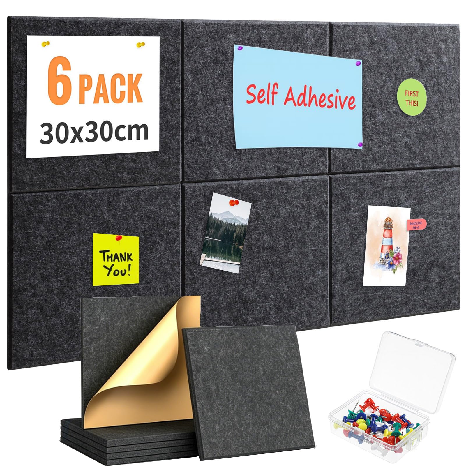 Felt Cork Bulletin Board for Wall 90x60cm, 6 Pack Self-Adhesive Felt Wall Tiles with Colored Pushpins,Felt Notice Pin Boards for Home Office School,As Planning Board Photo Wall Board Jewelry Storage