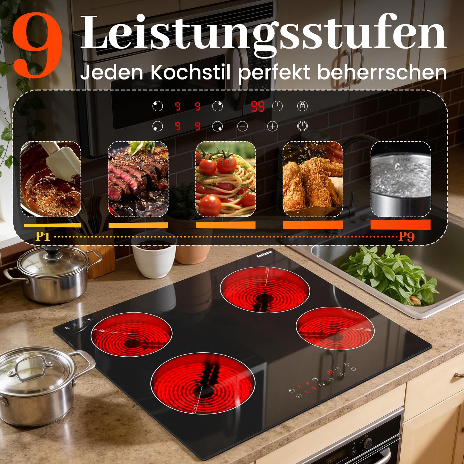 Karinear Glaskeramikkochfeld 4 Platten 6000W 60 cm Touch-Steuerung Timer Sicherheitsverriegelung 240V