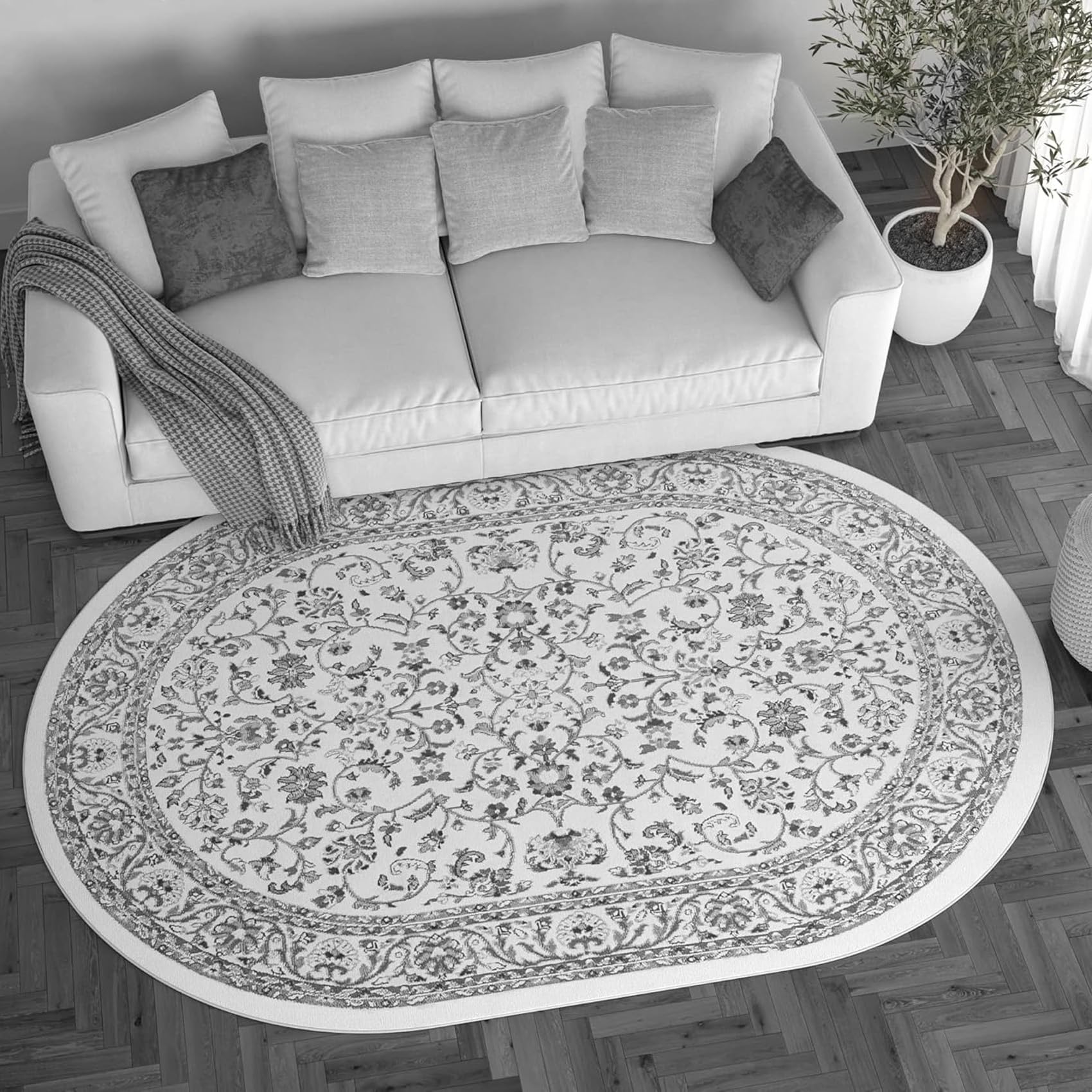 Tapis ovale noir 120x200 cm au style floral oriental vintage pour salon, chambre et terrasse