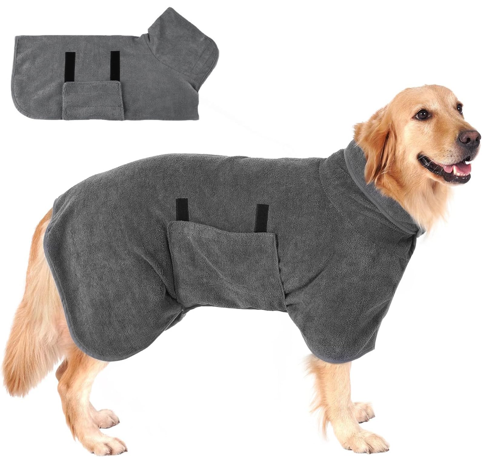 Accappatoio per Cani in Microfibra, Asciugamano Ad Asciugatura Rapida Con Ve-lcro, Super Assorbente, per Taglia Grande e Media (XL, Grigio)