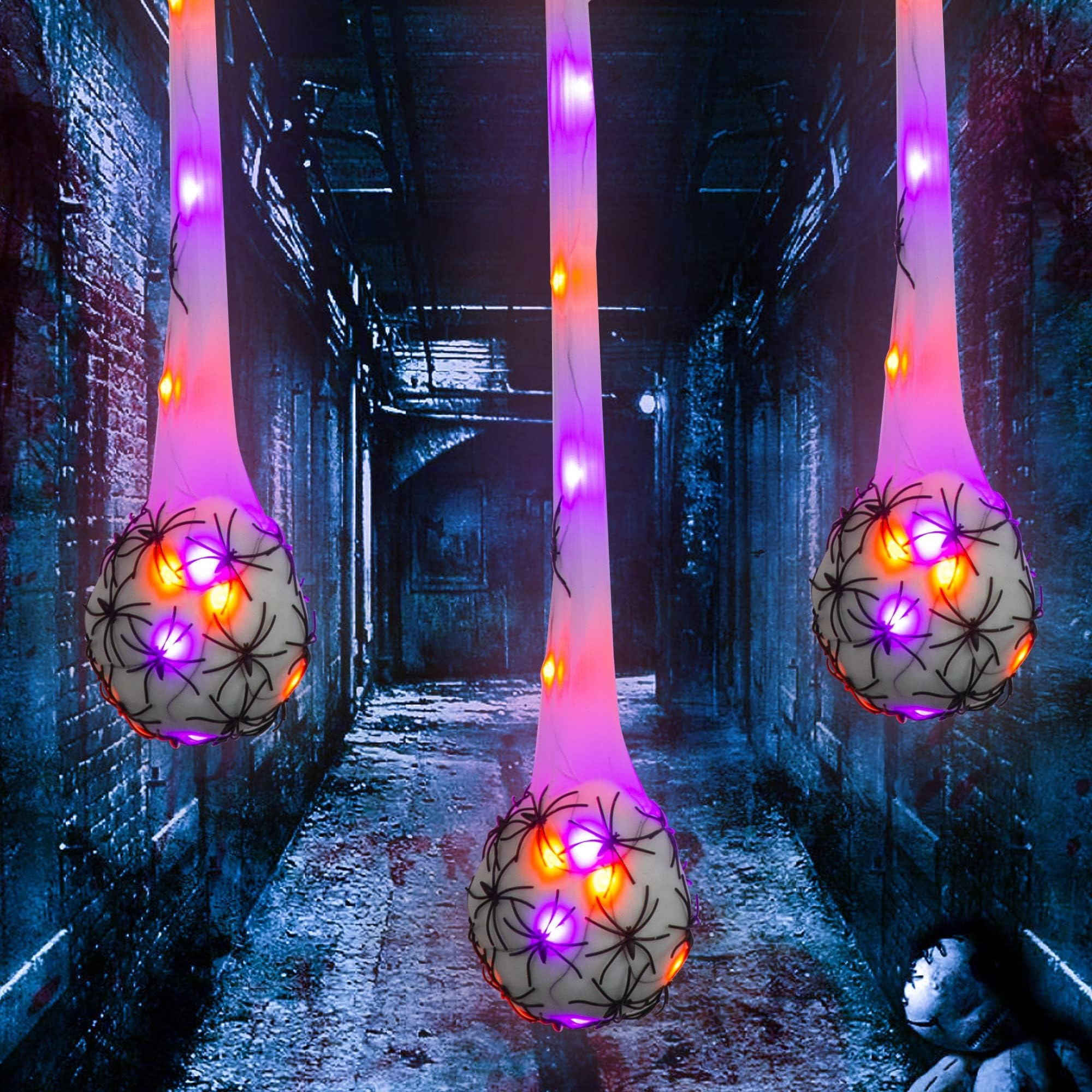 FUNPENY3.2FT Halloween Decoration Hanging Light Up Spider Egg Sacs 3 Packs, Gift for Halloween Party Favors Games, Sacks Props for Halloween, Birthday Indoor Outdoor Decor, Purple & Orange