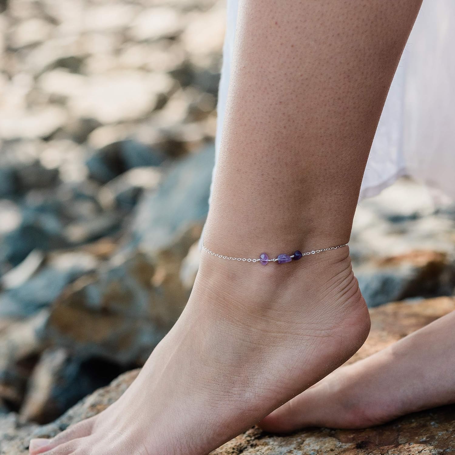 Amethyst Beaded Chain Anklet in Sterling Silver