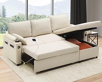DURASPACE Sofa Bed Sleeper Pull Out 2 in 1 Sectional Sleeper Sofa Couches with Storage,USB, Cup Holder,Pullout Sectional Couches for Apartment Living Room (Beige)