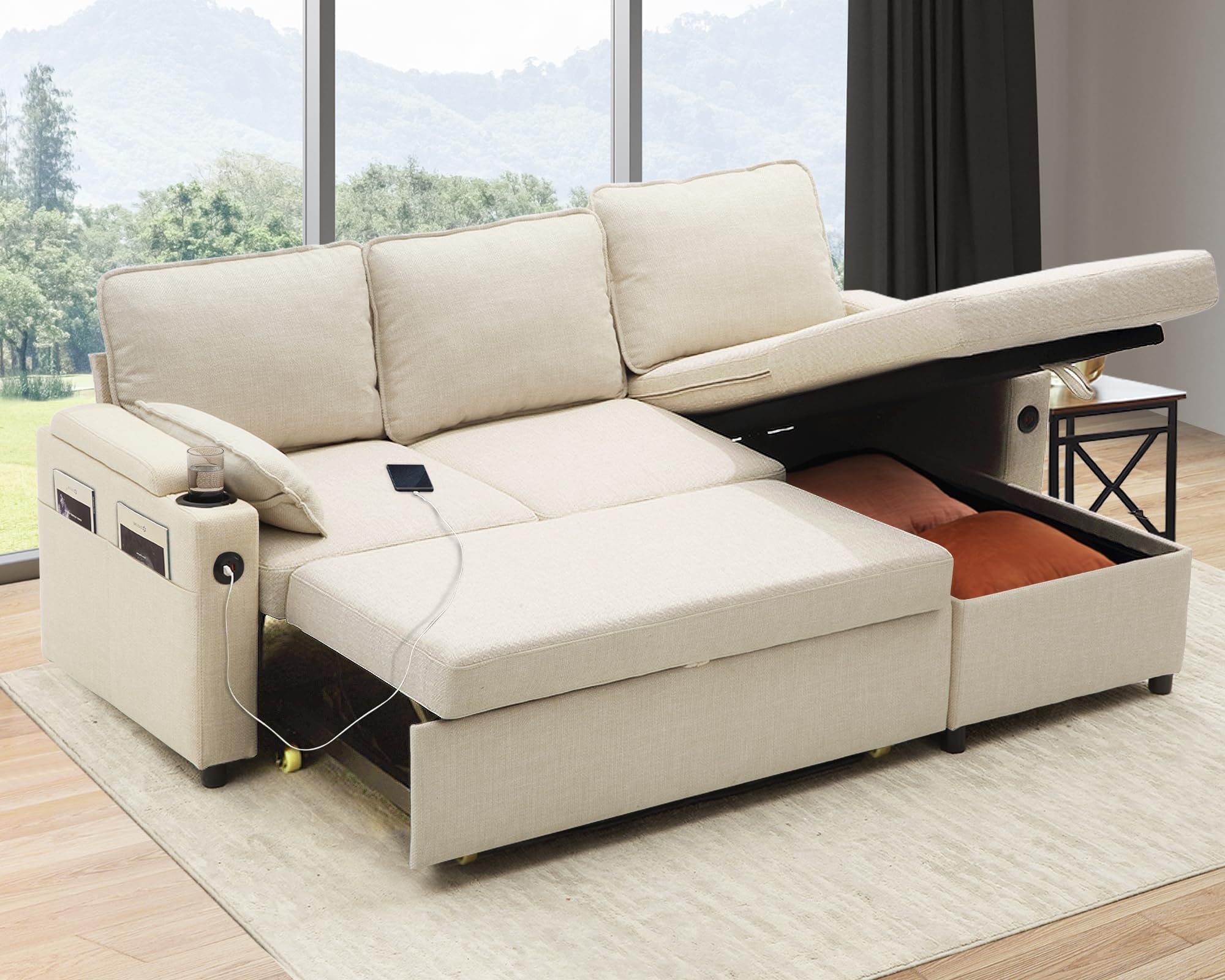 Photo 1 of DURASPACE Sofa Bed Sleeper Pull Out 2 in 1 Sectional Sleeper Sofa Couches with Storage,USB, Cup Holder,Pullout Sectional Couches for Apartment Living Room (Beige)
