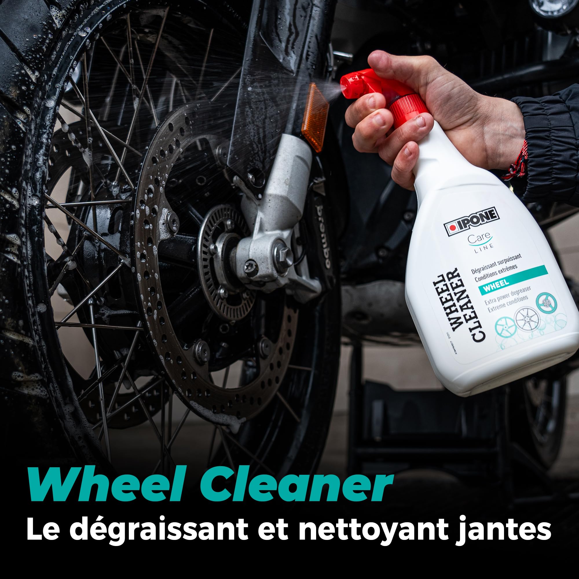 IPONE - Pack Entretien Nettoyage Complet Moto - Cleaning kit - Nettoyant Multi Surfaces Moto Wash 1L + Dégraissant Surpuissant Jantes Wheel Cleaner 1L + Gant Lavage Microfibre + Brosse Jante
