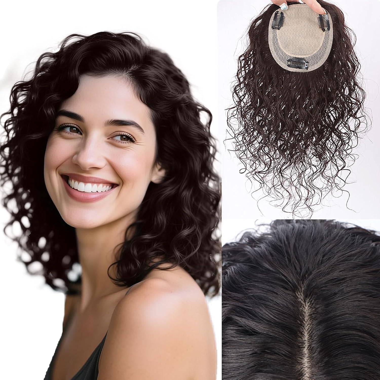 12 Inch Curly Real Human Hair Toppers Hairpieces 3.9"x4.7" Silk Base Natural Looking Short Wiglets Hairpieces for Thinning Hair Toppers for Women No Bangs Reddish Dark Brown