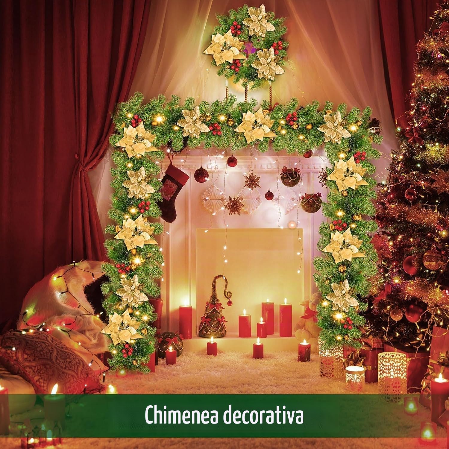Guirnalda Navidad, Corona navideña de 2,7 m, 200 Ramas, con Bayas Rojas y Agujas de Pino Blanco,Decoracion Navidad para Chimenea con escalones de jardín (Oro)