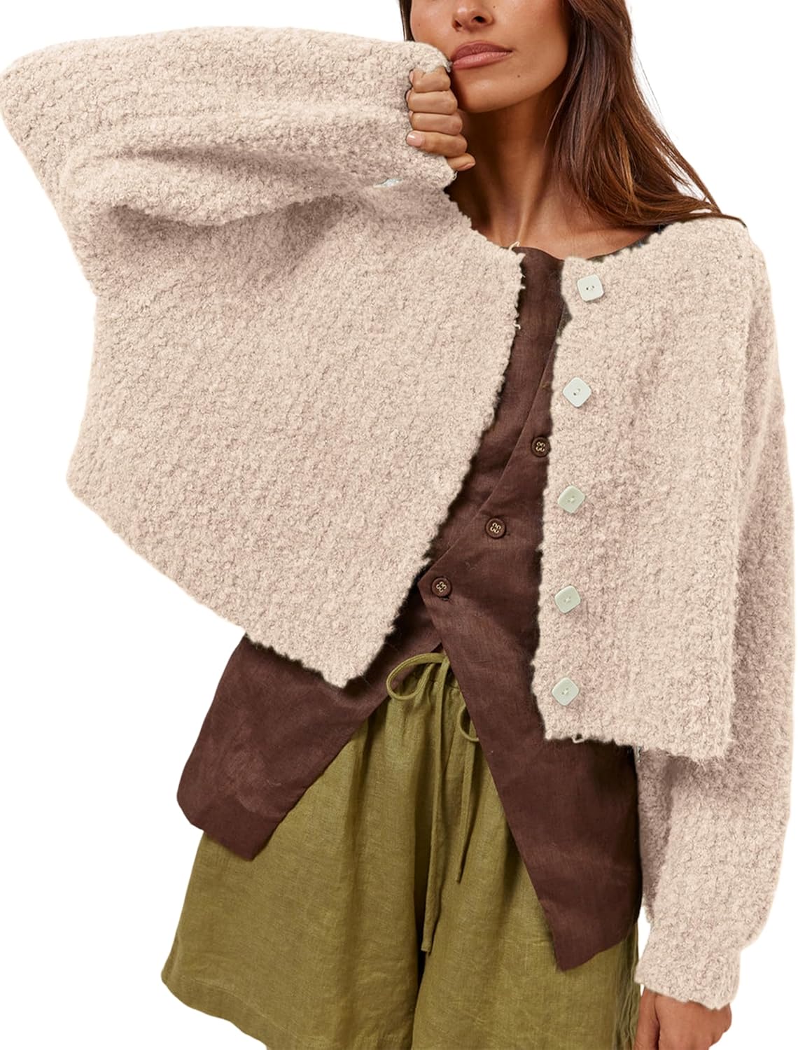 Lviefent Women Knit Cardigans Fluffy Casual Open Front Button Down Long Sleeve Cropped Sweater Jacket Outwear