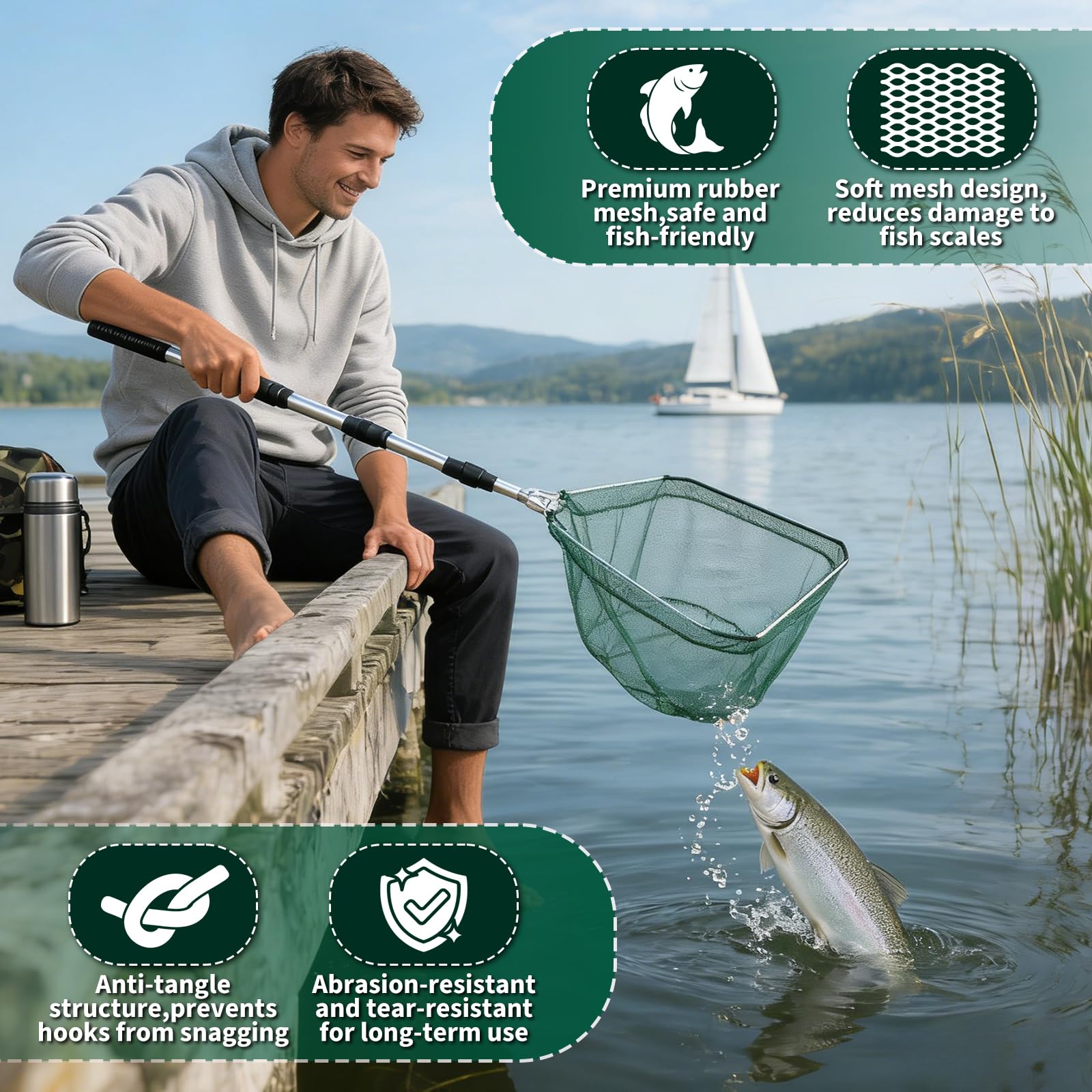 HZOUHONG Kescher Angeln Teleskop, Unterfangkescher Ausziehbar, Angelkescher Faltbar, Landing Net 130cm, Forellen Teich, Angelzubehör, Fishing Accessories für Teich, Bäche, Seen, Bootsangeln - 4