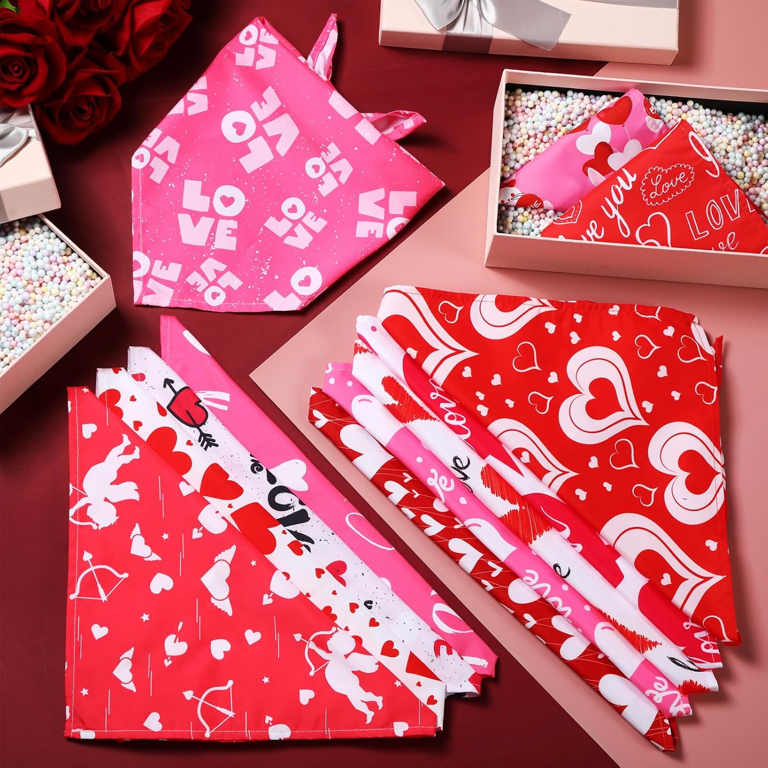 Kigeli 50 Pcs Valentines Dog Bandanas Bulk Heart Bandanas Bibs Triangle Dog Scarf Puppy Kerchief Set with Heart Patterns for Valentines Day Pet Costume Accessories(31.5 x 21.7 x 21.7 Inch)