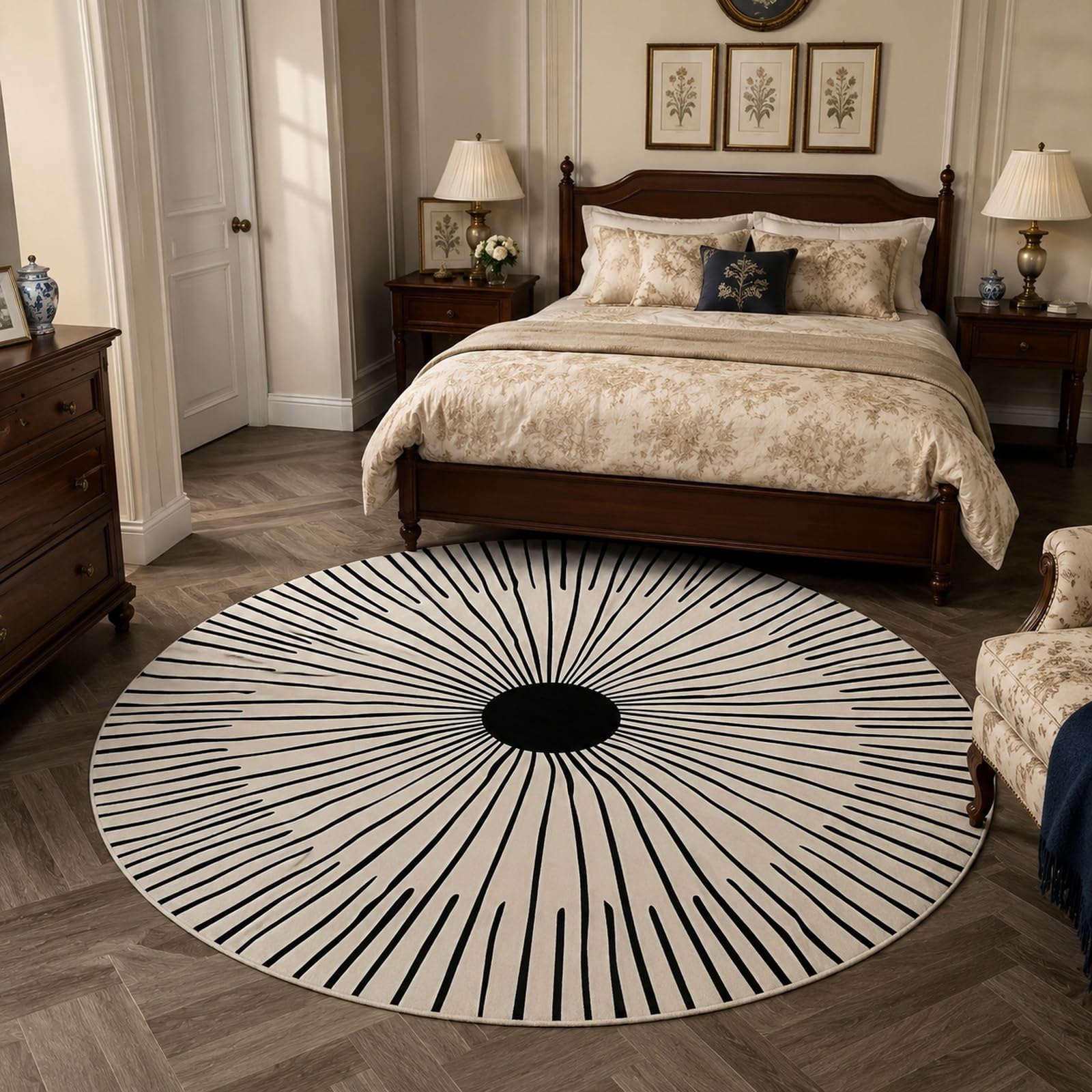 Tapis rond lavable et antidérapant de 140 cm au style géométrique abstrait pour dressing